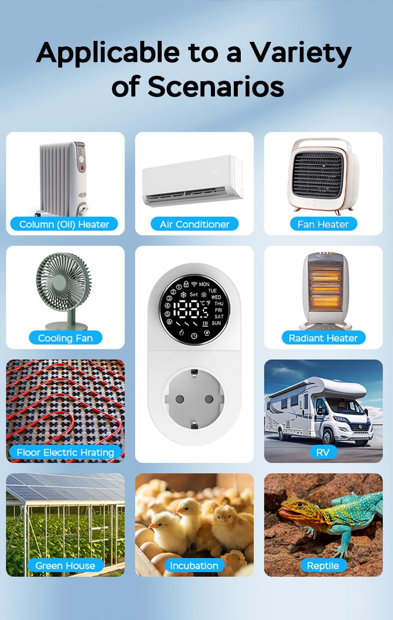 Yasorn Termostato WiFi con enchufe 240V, controlador de temperatura LED con mando giratorio, enchufe inteligente con sensor,control por voz,calefacción y refrigeración, apto para invernaderos/acuarios