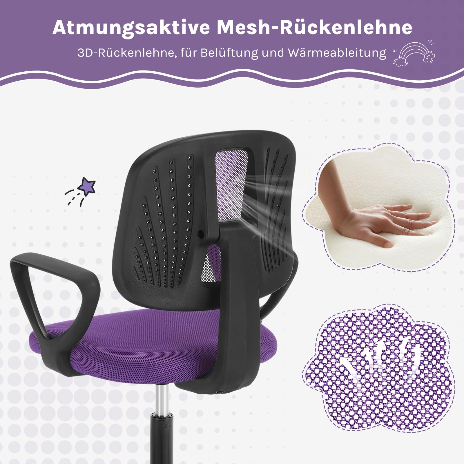 Schreibtischstuhl Kinder, Kinderschreibtischstuhl ergonomisch, Drehstuhl Kinderstuhl höhenverstellbar, mit Rollen Armlehnen, atmungsaktive Netzstoff-Rückenlehne, Lila