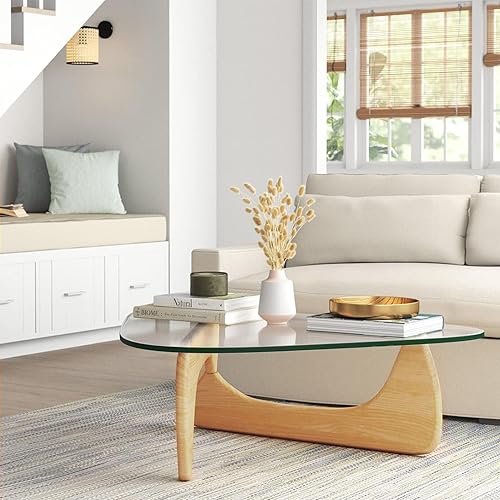 Miniatura 6 de Mesa de centro moderna de cristal para sala de estar, mesas de centro abstractas únicas para espacios pequeños, mesa con base de madera maciza, mesa