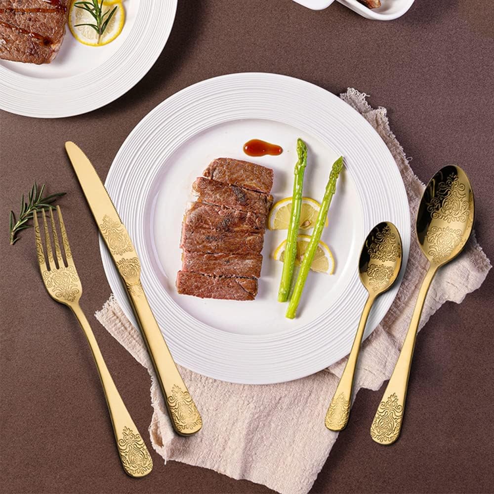 24 ピースヴィンテージカトラリーセットステンレス鋼カトラリー銀器セットアンティークチタンメッキナイフ、フォーク、スプーンカトラリー