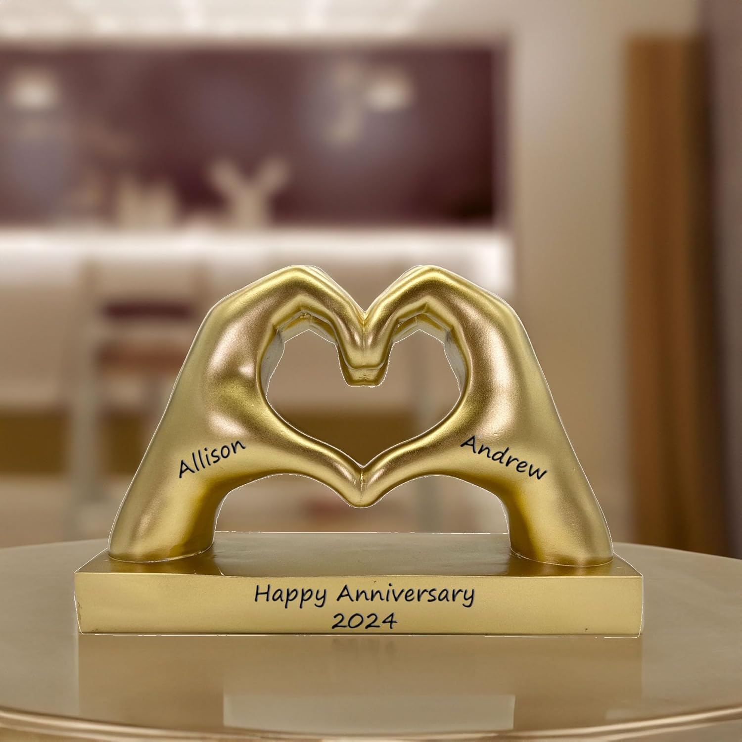 Gold Heart Shape Hand Statue Personalized for Girlfriend, Wife, Valentine's Day Gifts for Women, Couples, Decorations, Trendy Room Decor, Custom with Names, Wedding Anniversary, Birthday