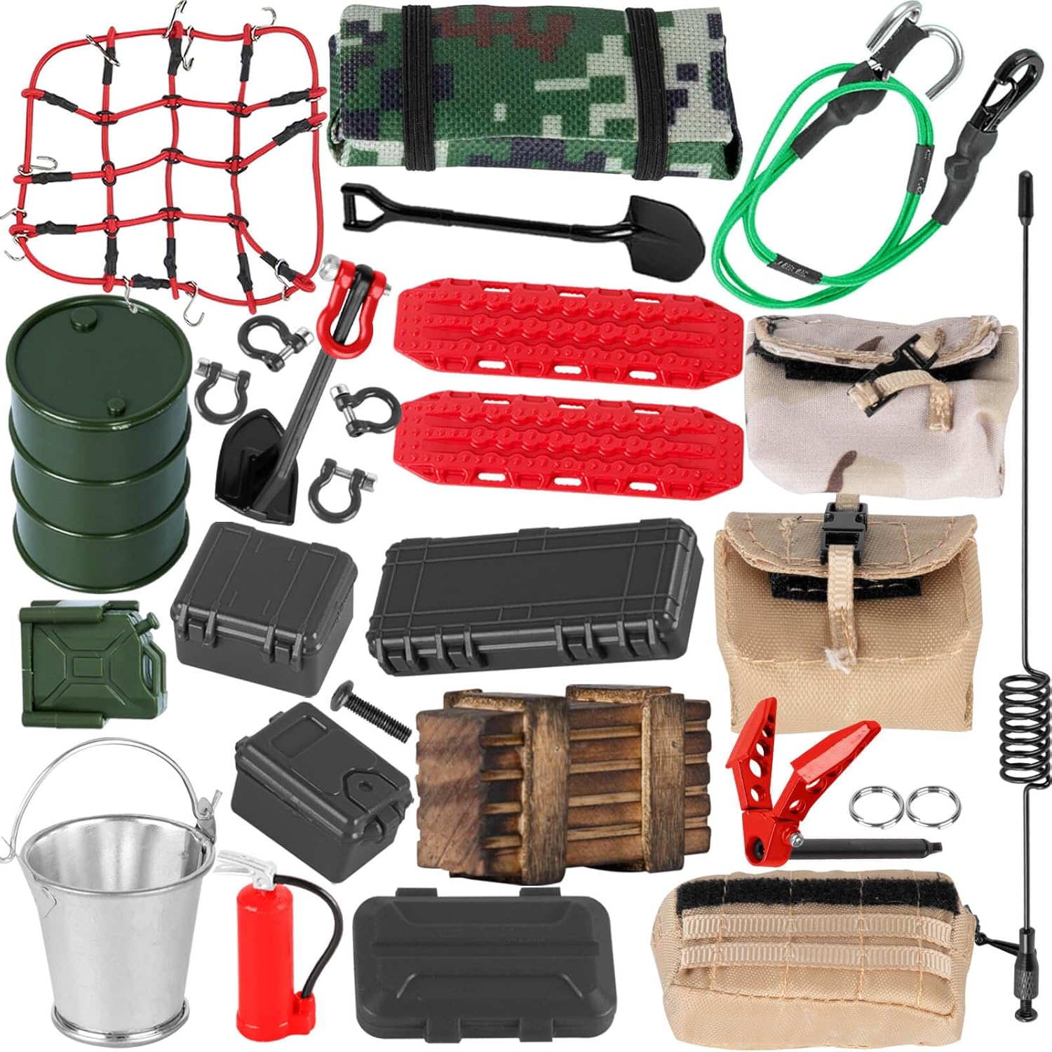 for 1/18 1/24 TRX4M K10 SCX24 FCX24 K5 AX24,Oil Drum/Tow Rope/Recovery Board/Wooden Box/Antennas/Fire ExtinguisherNet/Toolbox/Wood Box/Luggage Net/Simulation Decorative Package/Shovel,Black