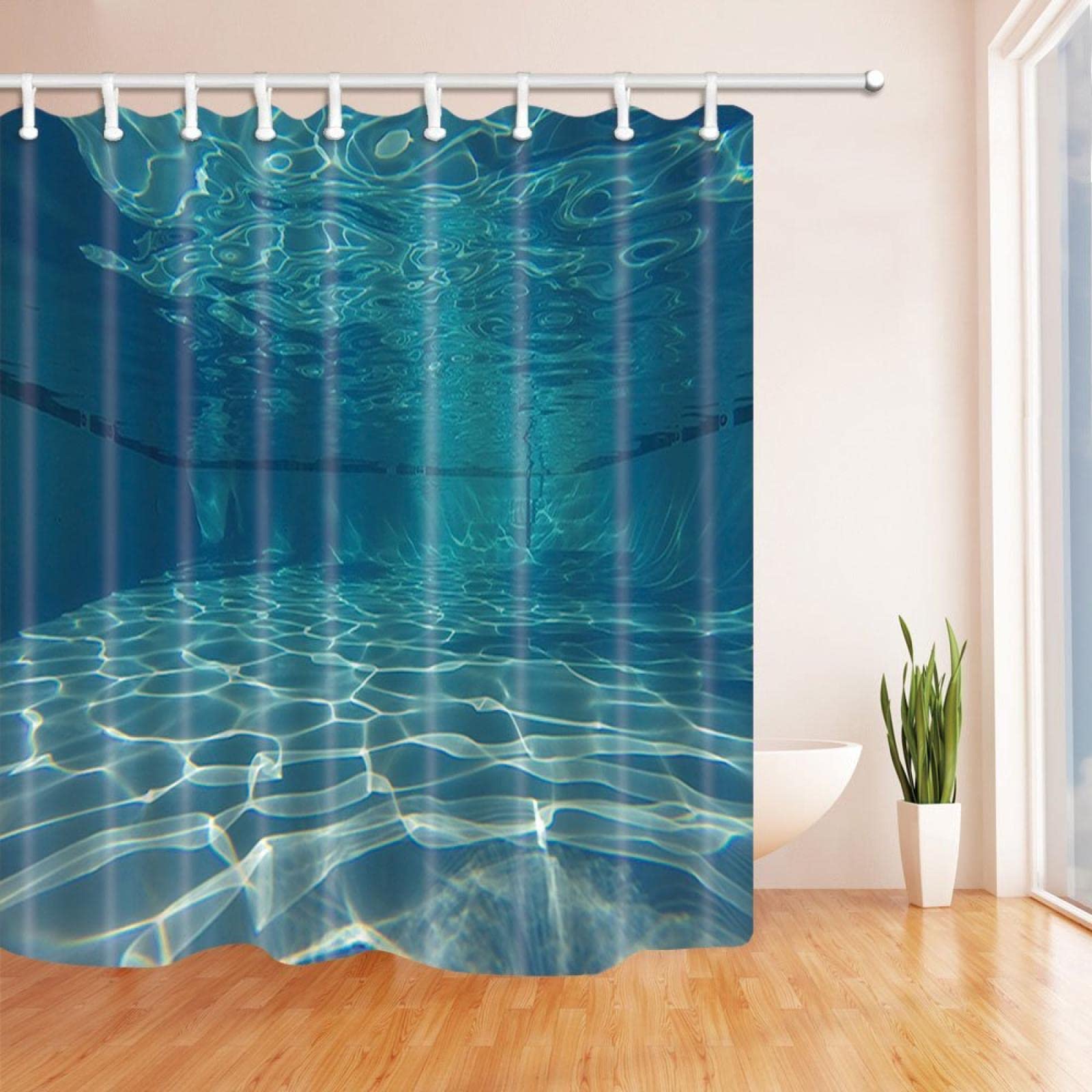 Decoración de Vacaciones de Verano Vista subacuática en Piscina Tela de poliéster Cortinas de Ducha Impermeables Ducha Cortina Azul 175x220cm