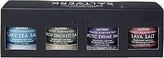 Saltverk Salt Gift Set - Includes 4 Jars - Flaky, Lava , Birch Smoked, Arctic Thyme Sea Salts- Gourmet, Icelandic, Hand Harvested and Sustainably Made - 12.33 Oz Total
