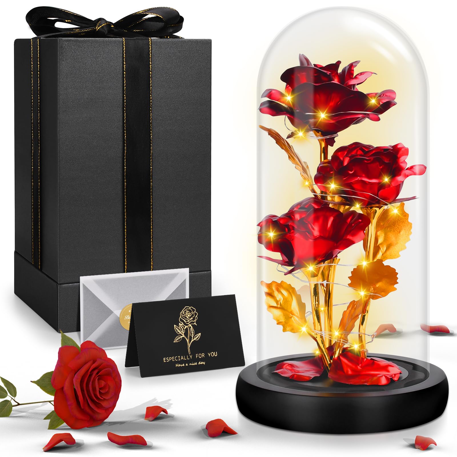 TAVADA Rosa Eterna,Rosa Bella y Bestia,Elegante Cúpula de Cristal con Base Pino Luces LED y 1 Tarjeta de Felicitación,La Bella y La Bestia Rosa para San Valentín/Día de Madre/Boda