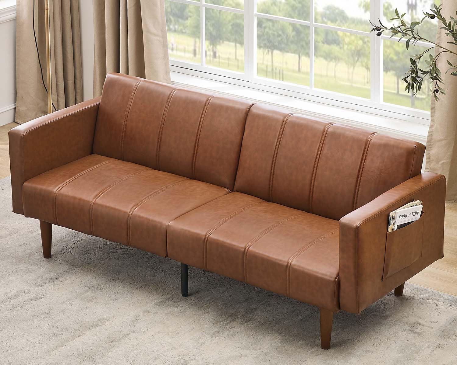 75" Convertible Futon Sofa Bed, Mid-Century Modern PU Leather Couch with Adjustable Backrest, Sleeper Loveseat with Side Pockets, Easy Assembly for Living Room & Guest Room (Brown)