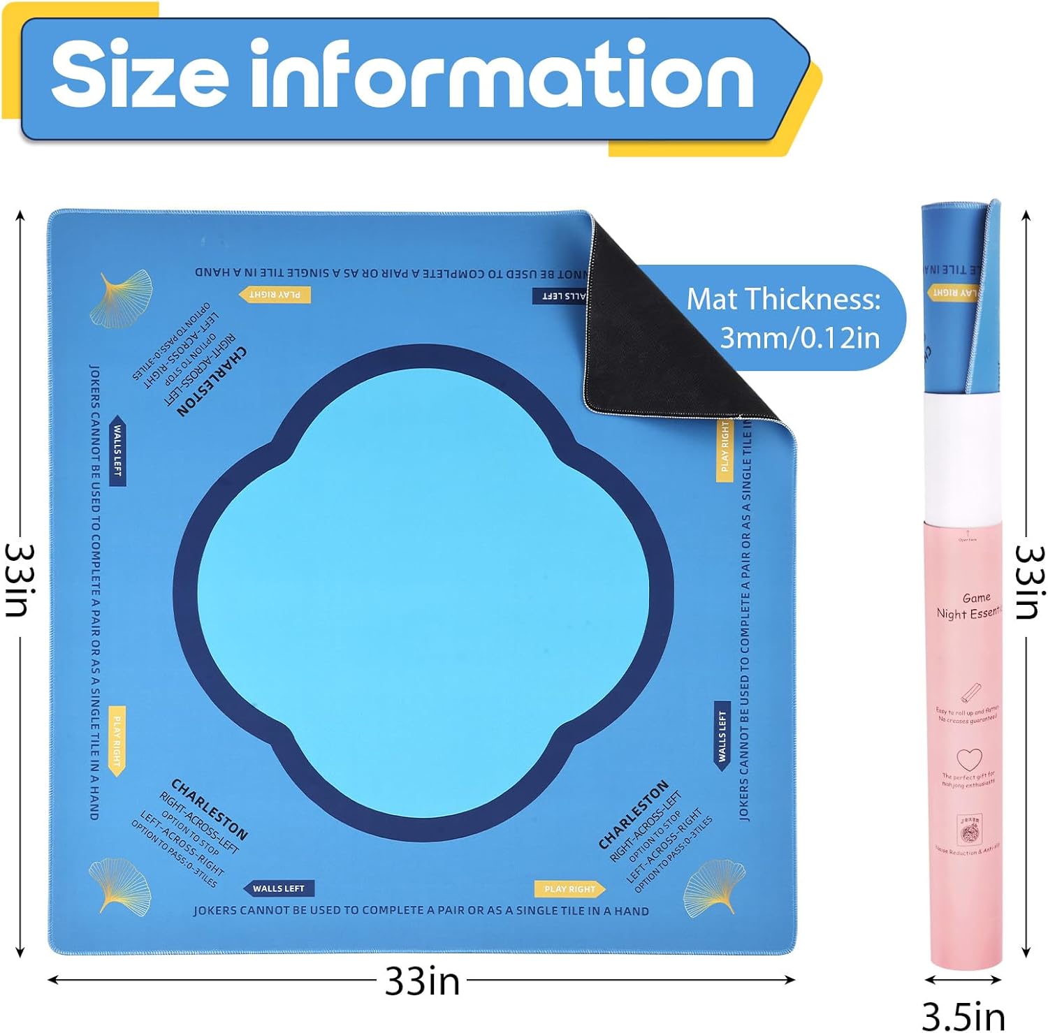 Mahjong Mat & Mah Jongg Mat for Table - Waterproof & Silent, 3mm Thick Non-Slip Game Pad with Unique Designs, Carry Bag & Gift Tube - Premium Mahjongg Accessories (31.5" x 31.5",Blue)