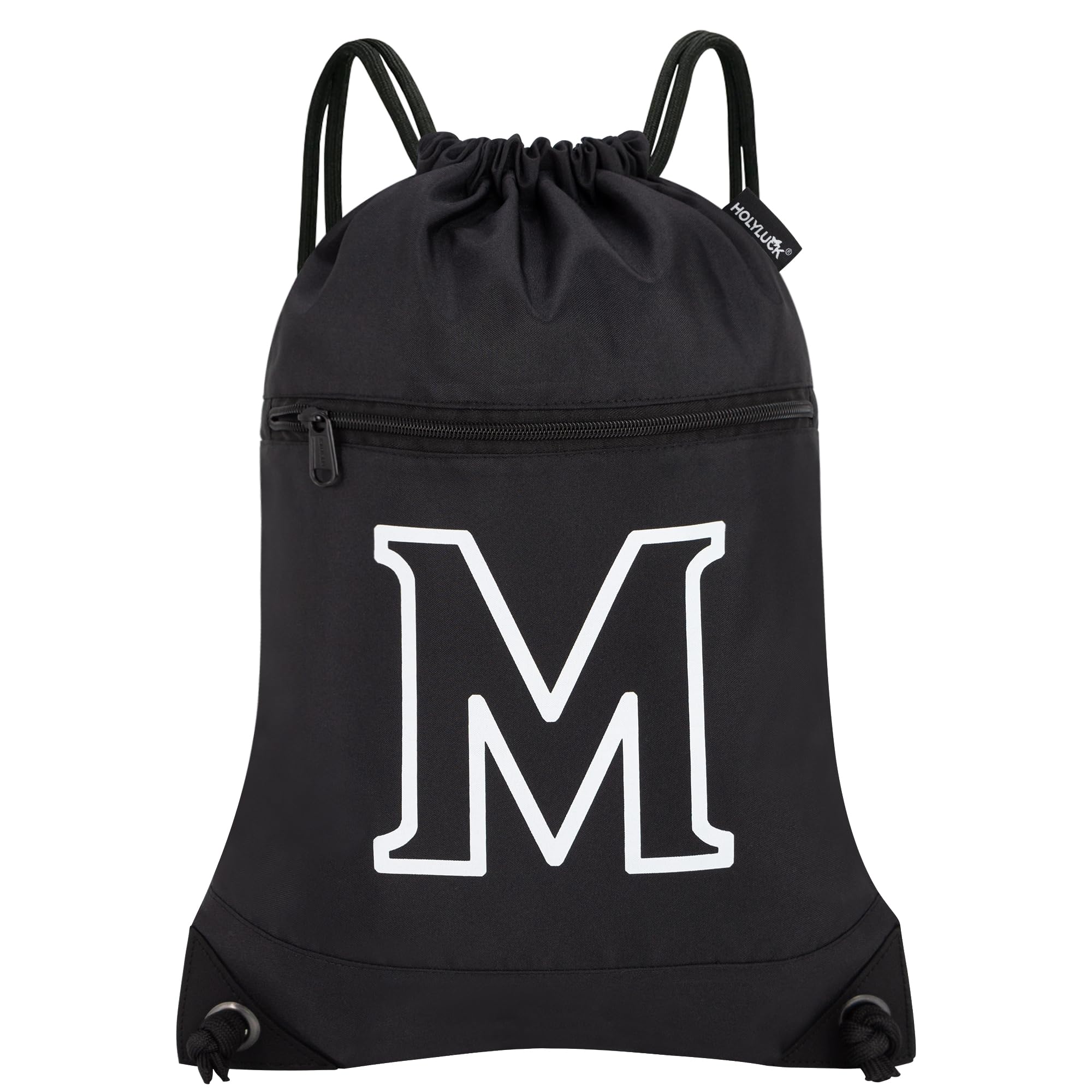 HOLYLUCK Drawstring Bags Initial Backpack Sackpack Cinch Bags for Sports, Gym, Travel, Beach (Black-M)