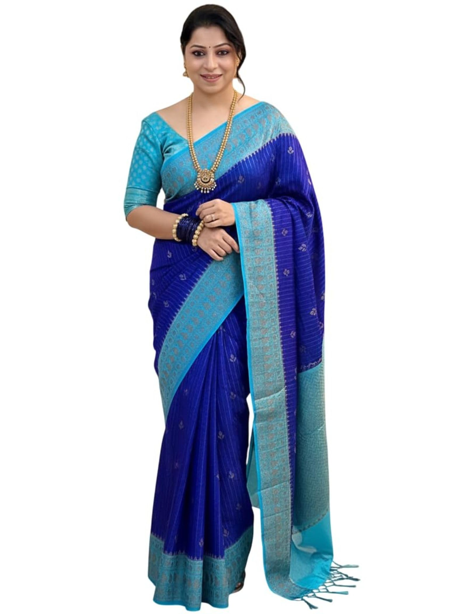 women elegence || Women's Royal Blue Soft Silk Saree with Magenta Pink Contrast Pallu and Zari Woven Borders, Traditional Ethnic Wear (Blue & Pink)-picture-28