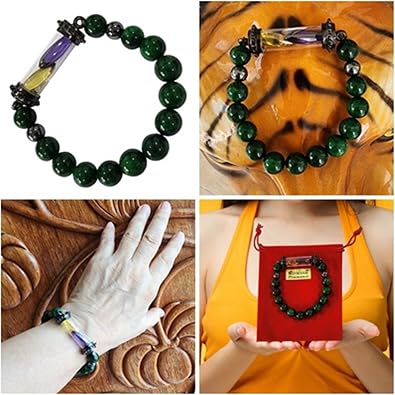 Natural Green Jadeite Bead Bracelet with Thai Naga Eye Buddha Amulet Pendant 10.3 mm Stretch Bangle (6.5) for Womens Energy, Prosperity & Protection
