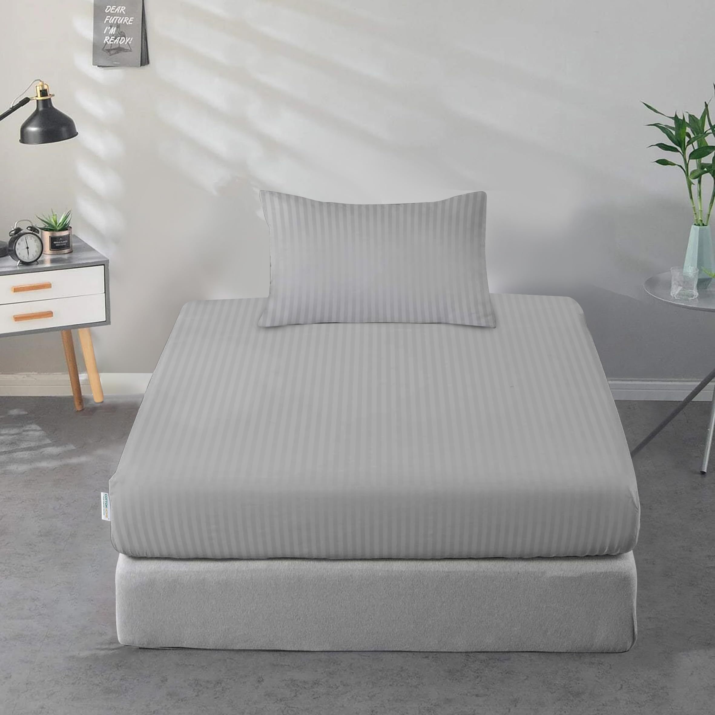 Cotton Home® Stripe Fitted Sheet Set - Single (90x200+20cm) + 2 Pillowcases (50 x 75 cm) Brushed Microfiber Premium Durable Quality Deep Pocket for a Perfect Fit Shrinkage Fade Resistant Grey
