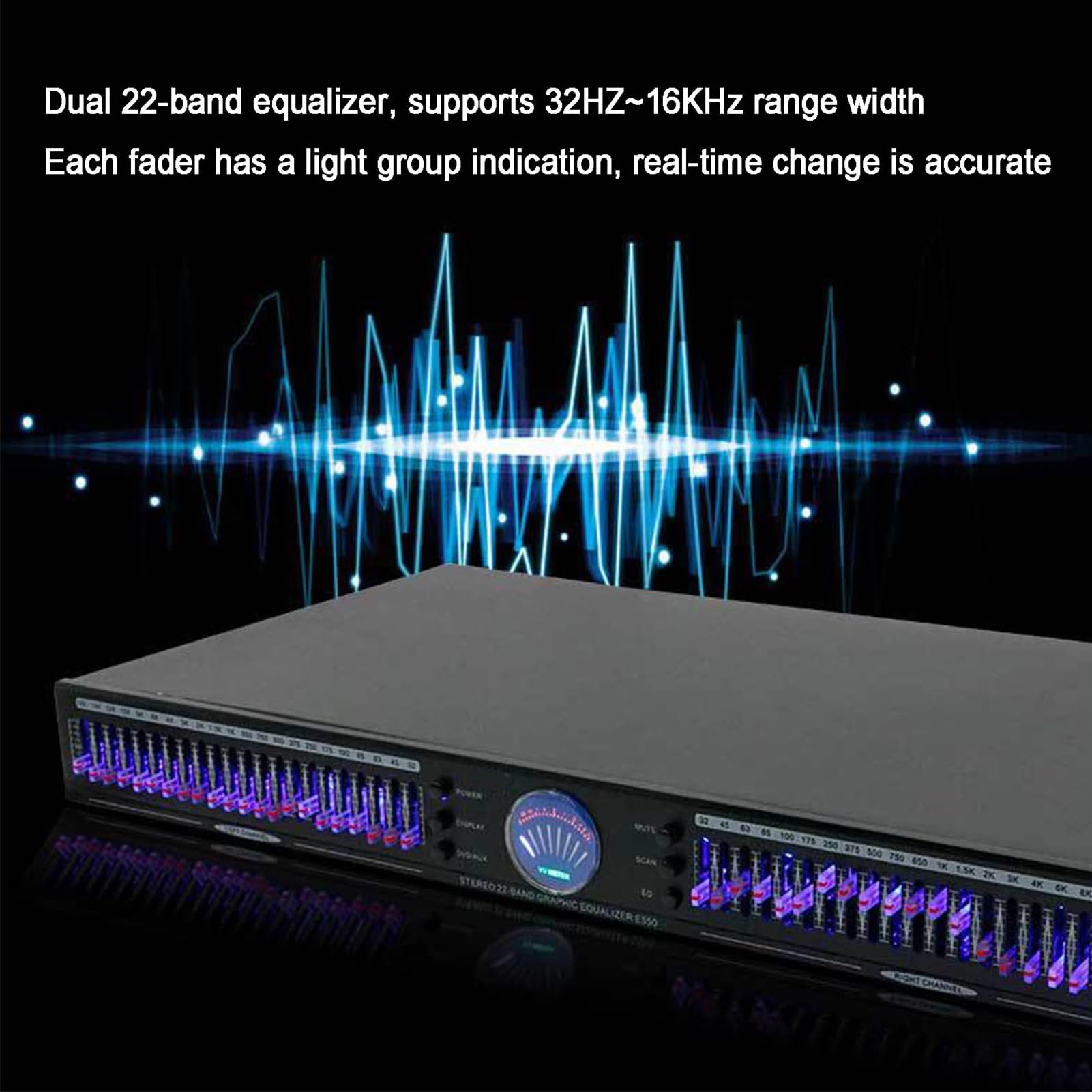 Equalizzatore audio a 22 bande EQ grafico stereo digitale a doppio canale 1U montaggio a rack con 10 preset, regolazione bassa/media/alta, riduzione del rumore per la sintonizzazione HI-FI domestica