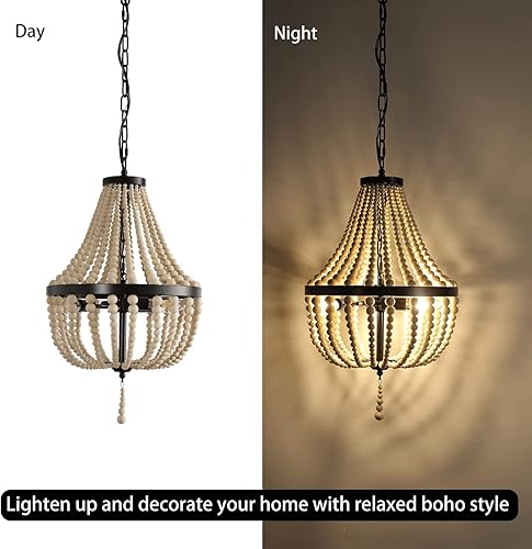 Miniatura 4 de Lámpara de araña de 3 luces con enchufe mini lámpara colgante bohemia con cuentas de madera con cable de 164 pies acabado de metal negro cuentas de