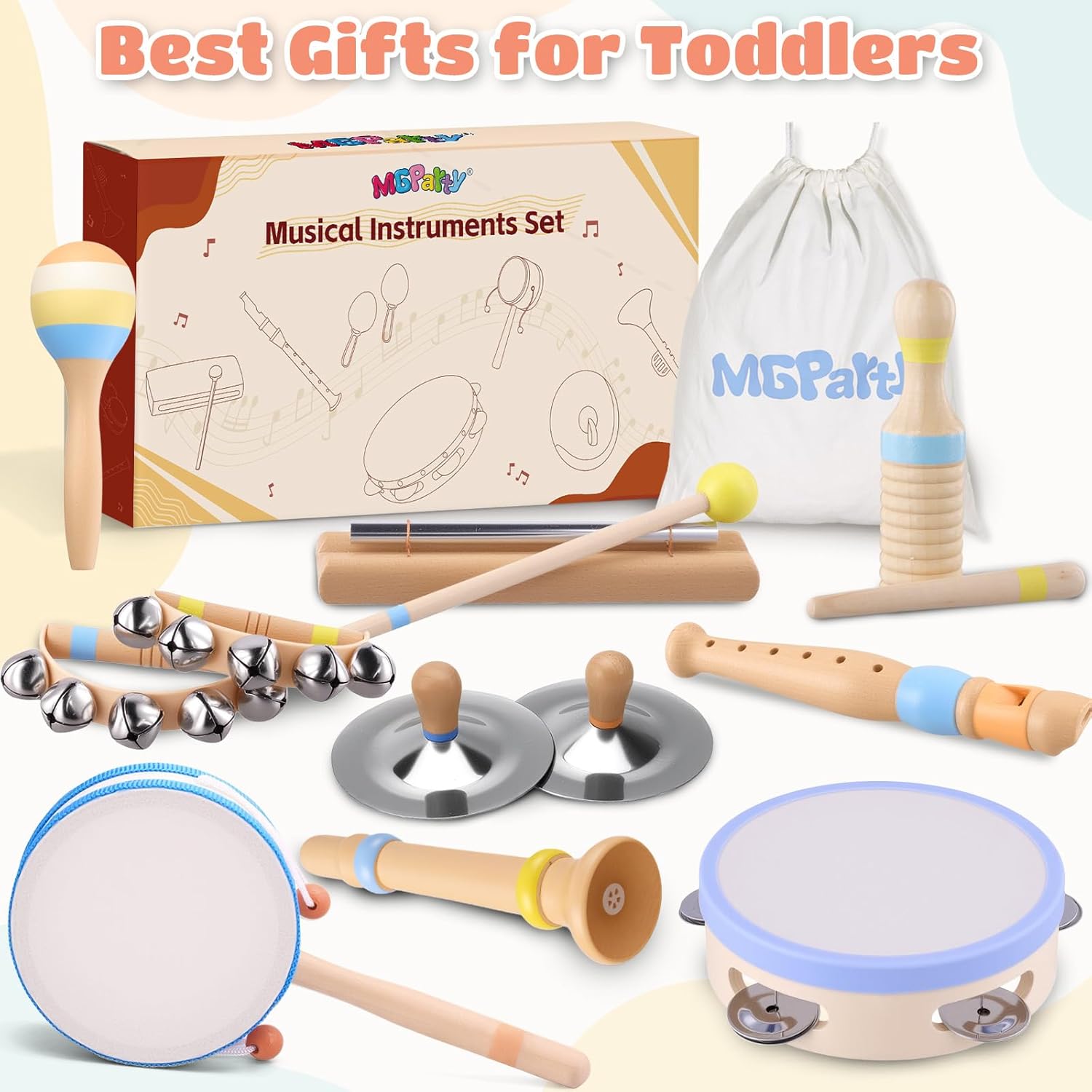 Baby Musical Instruments for Toddlers 1–3, Montessori Wooden Music Set with Drum Flute Clarinet Bells Cymbals, Toddler Musical Instruments Educational Kids Toys Birthday Gifts for Boys Girls