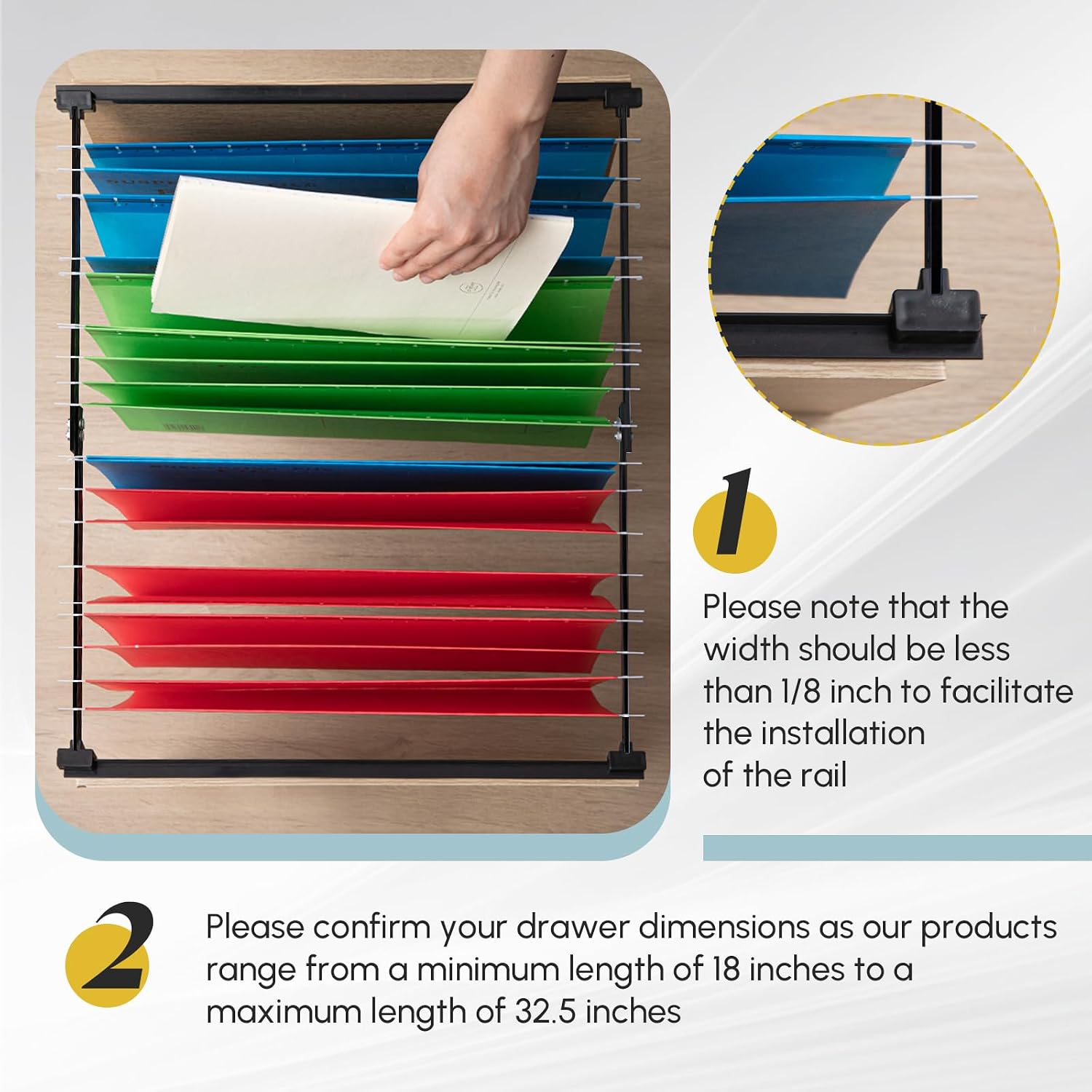 12 Pcs Metal Adjustable File Cabinet Rails Set Include 8 Hanging File Rail Clips 4 Cabinet Dividers Bars Suitable for Cabinets with Drawer Thickness Less Than 1/8 Inch(Black,18-32.5 Inch)