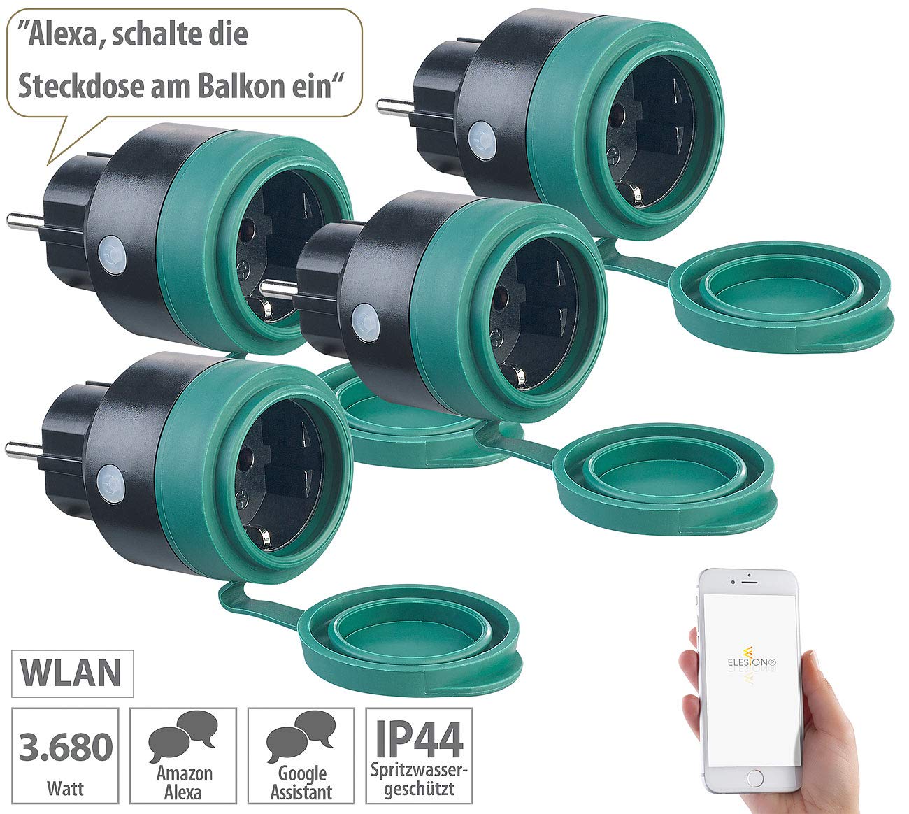Luminea Home Control Schaltuhr: 4er-Set Outdoor-WLAN-Steckdosen f. Alexa, Siri & Google Assistant, 16A (WLAN Steckdosen außen, W-LAN, TUYA)