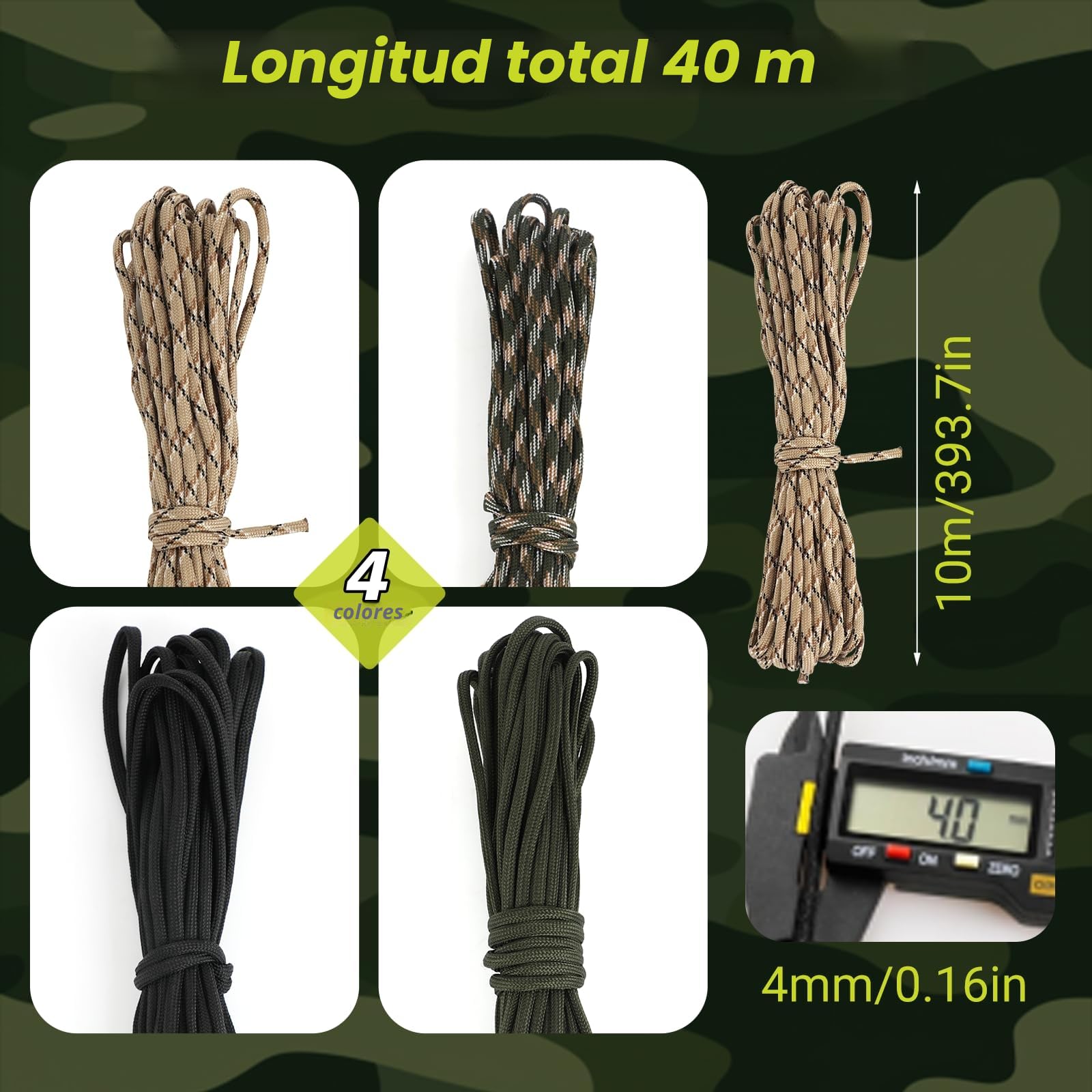 Cuerdas Paracord 10 m 4 mm 7 Hilos Nylon 100% Carga 250 kg Camping Escalada Pulseras