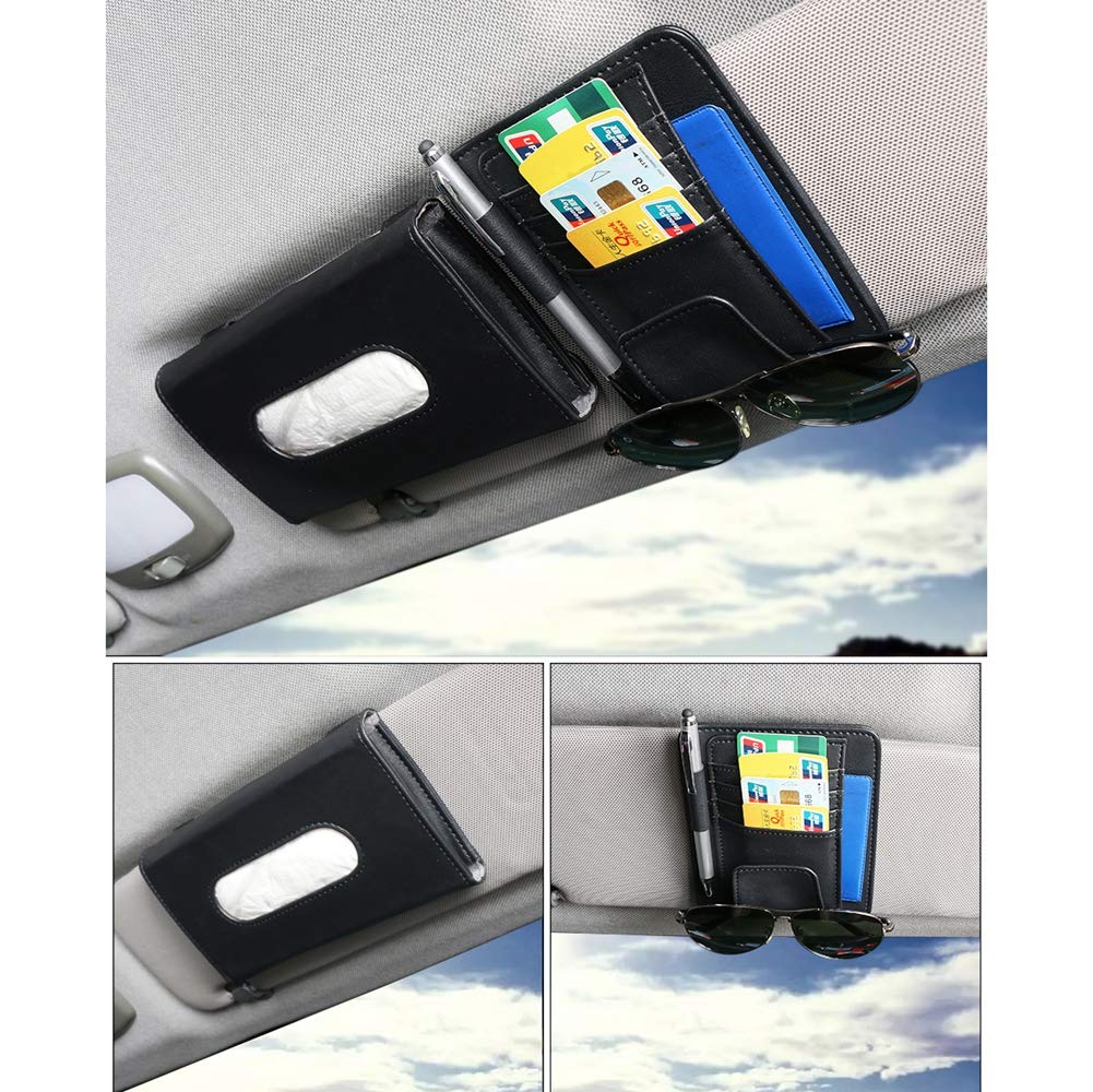 ihreesy Tissue Holder and Card Holder,PU Leather Sun Visor Organizor Facial Tissue Holder Paper Towel Dispenser Car Napkin Case Hanging Ticket Credit Card Organizer,Black