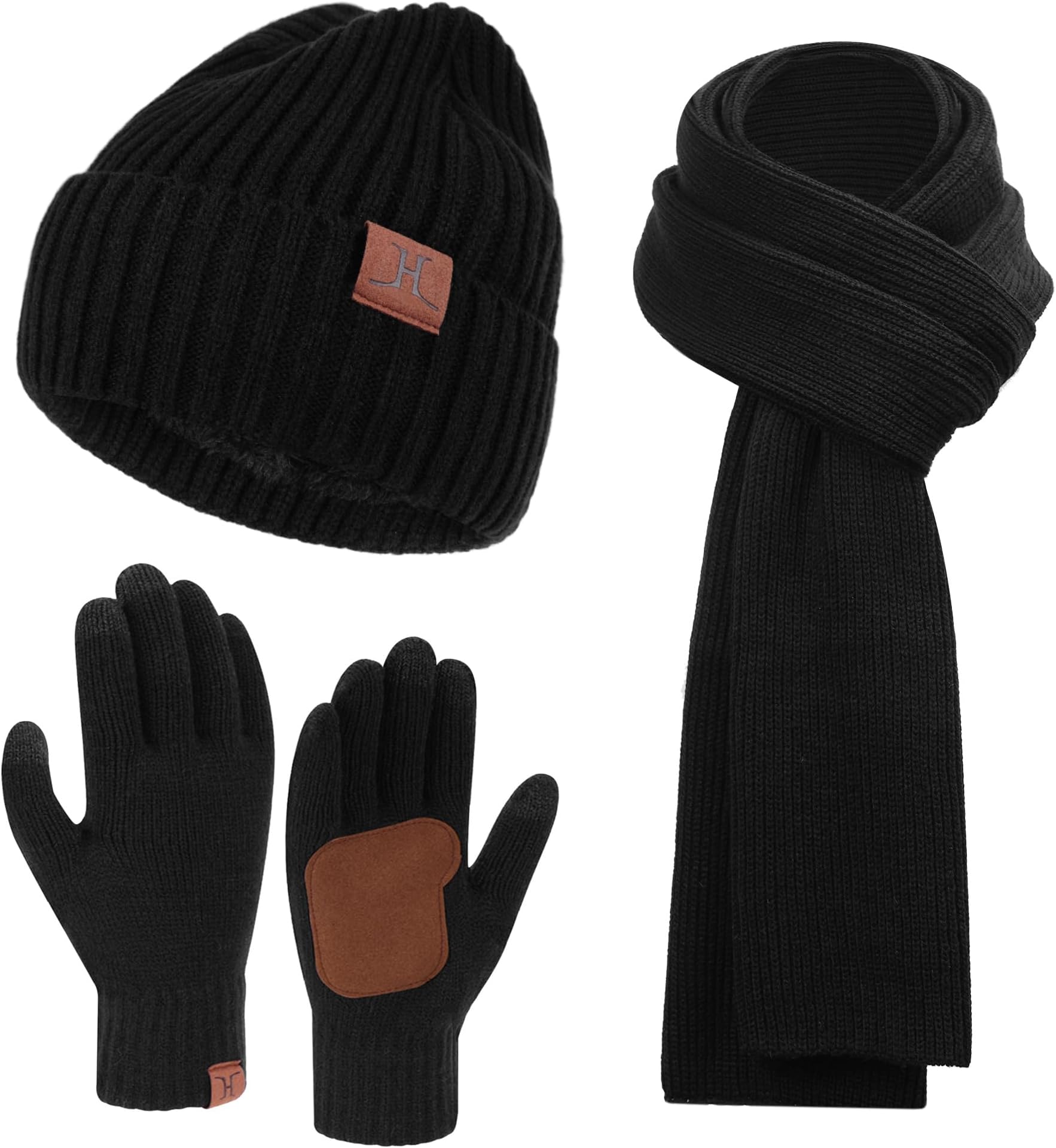 Mens Winter Knit Hat Beanie Long Neck Scarf Touchscreen Gloves Set Fleece Skull Caps Gifts for Men Women