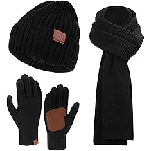 Mens Winter Knit Hat Beanie Long Neck Scarf Touchscreen Gloves Set Fleece Skull Caps Gifts for Men Women
