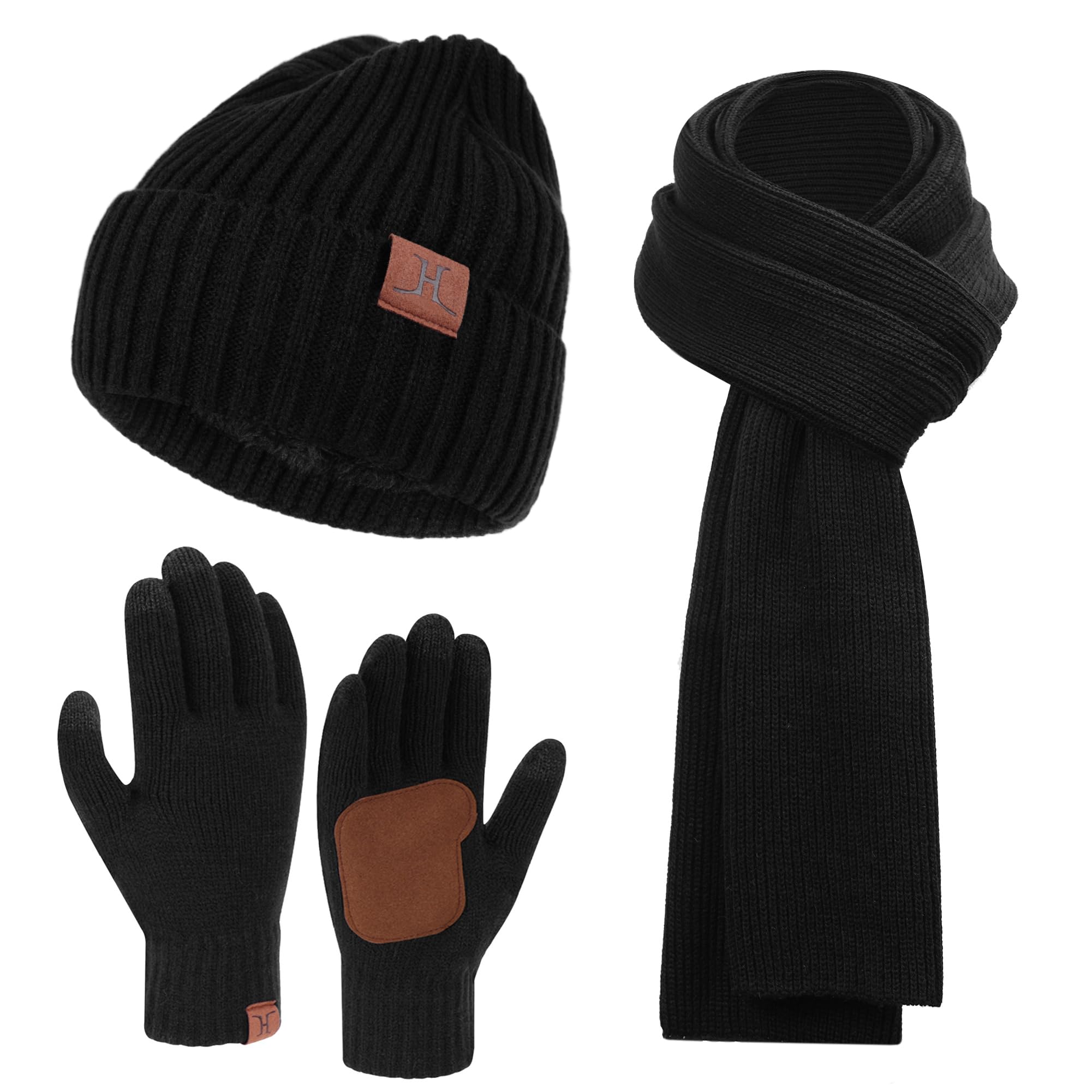 Mens Winter Knit Hat Beanie Long Neck Scarf Touchscreen Gloves Set Fleece Skull Caps Gifts for Men Women