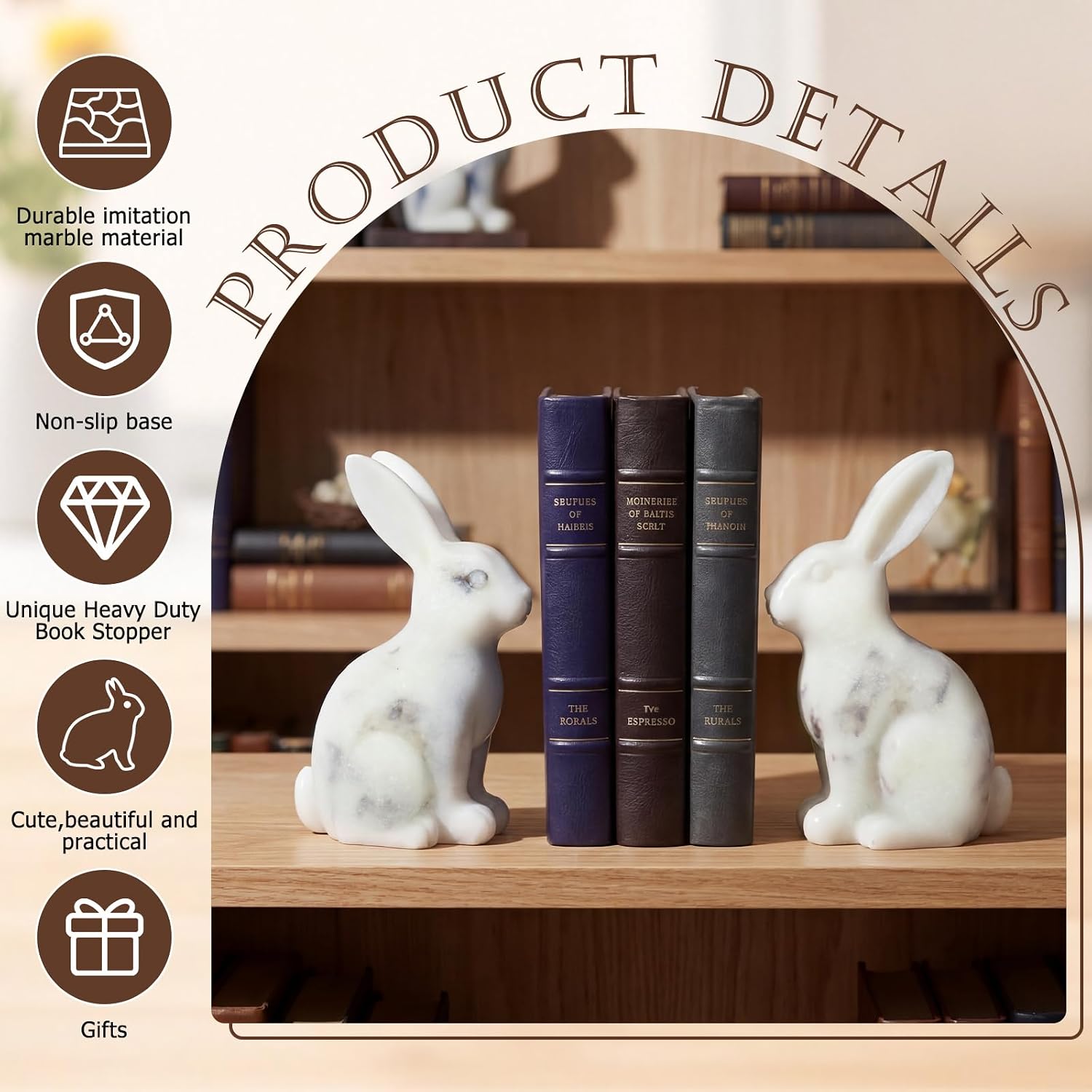 1 Pair Decorative Bookends for Shelves Marble Bunny Bookends Heavy Duty Book Ends Cute Rabbit Book Ends for Home Office Desk Bookshelf Living Room Decoration