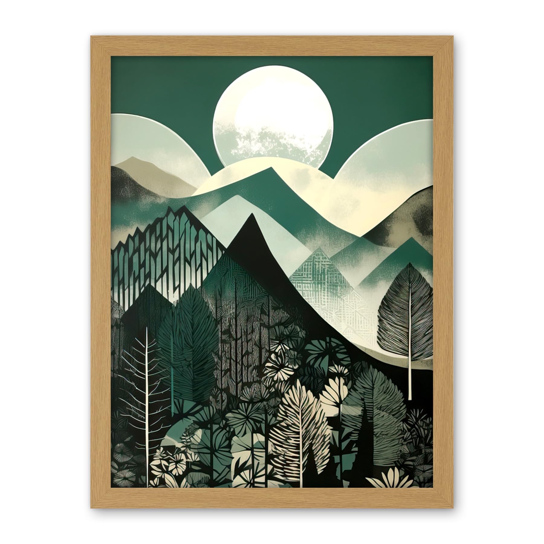 Artery8 Full Moon Over Mountain Forest Linocut Mid Century Sage Green Moonlit Landscape Artwork Framed Wall Art Print 18X24 Inch
