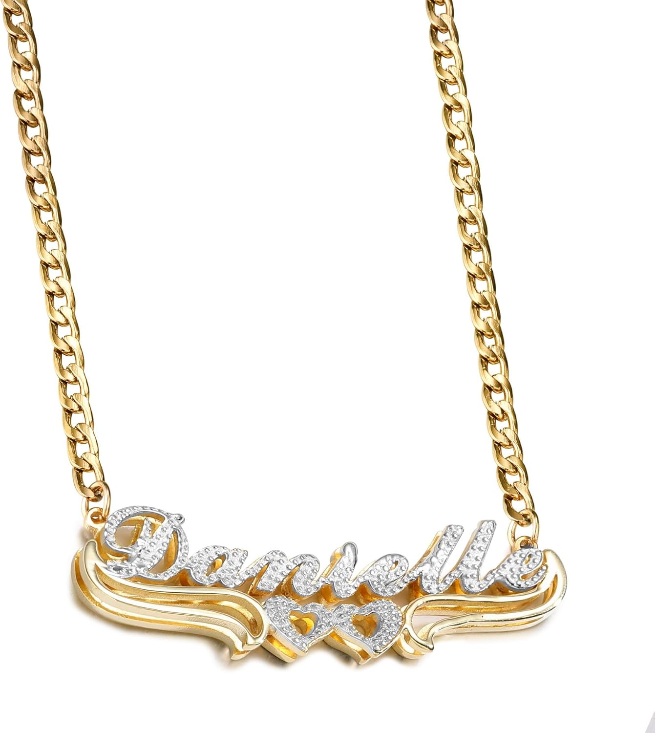 MeMeDIY Double Plated Name Necklace Personalized Name Plate Pendant Two Tone Gold and Silver Necklace for Women Heart Made Letter Plate Pendant Dainty Jewelry Gift 14"-22"