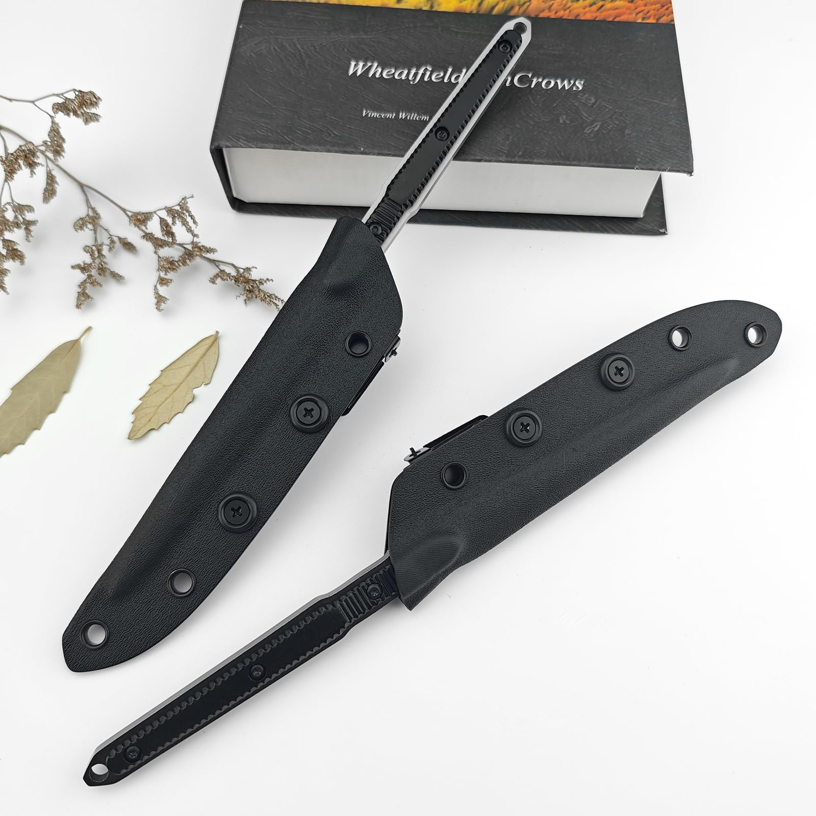 Outdoor Jagdmesser, 8Cr13Mov Full Tang Stahl, Feststehend mit Kydex Scheide, Olivgrün, 21cm, Bushcraft Survival Messer für Camping