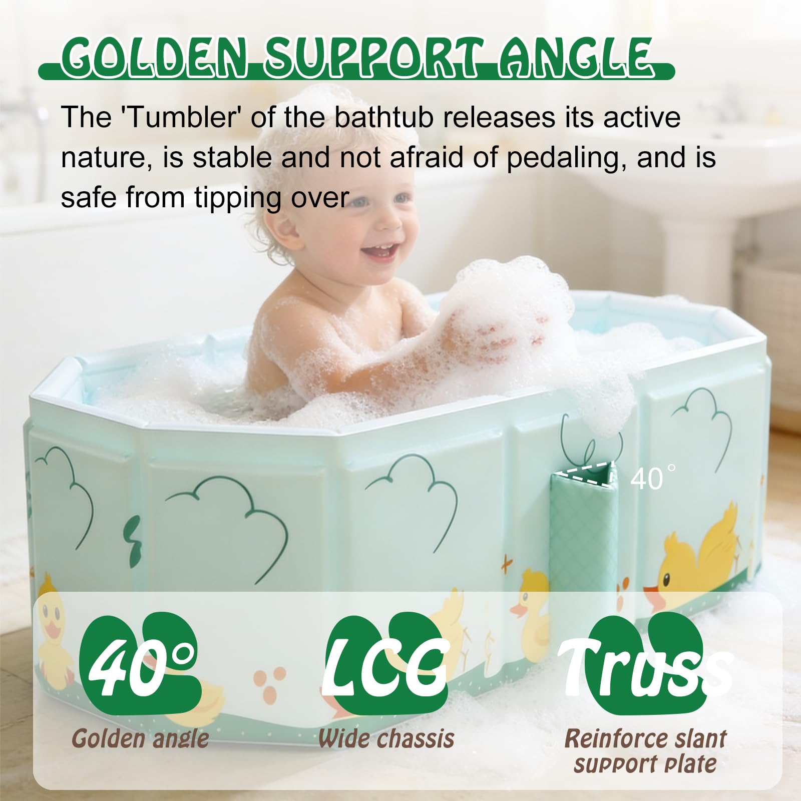 78 x 45 x 30 cm, vasca da bagno pieghevole per bambini: verde menta, grande vasca da bagno con 5 palline oceaniche e 4 anatre giocattolo da 0 a 8 anni, integrata