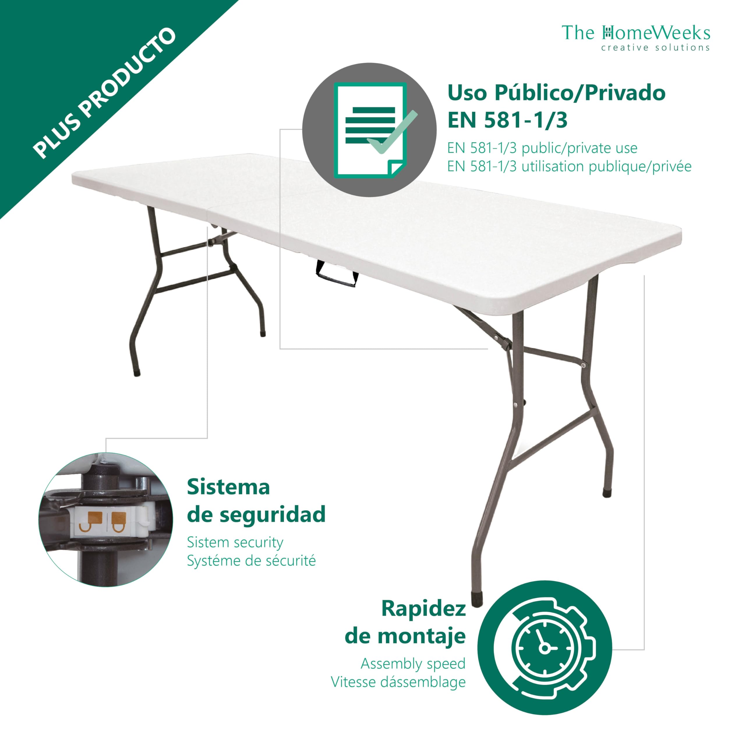 The Homeweeks Mesa Plegable Solid 240cm | portátil | normativa Uso público Interior/Exterior EN 581-1/3 | Tablero Resina HDPE 4cm | Capacidad 8/10 Personas | Carga 150 kg | Multiuso