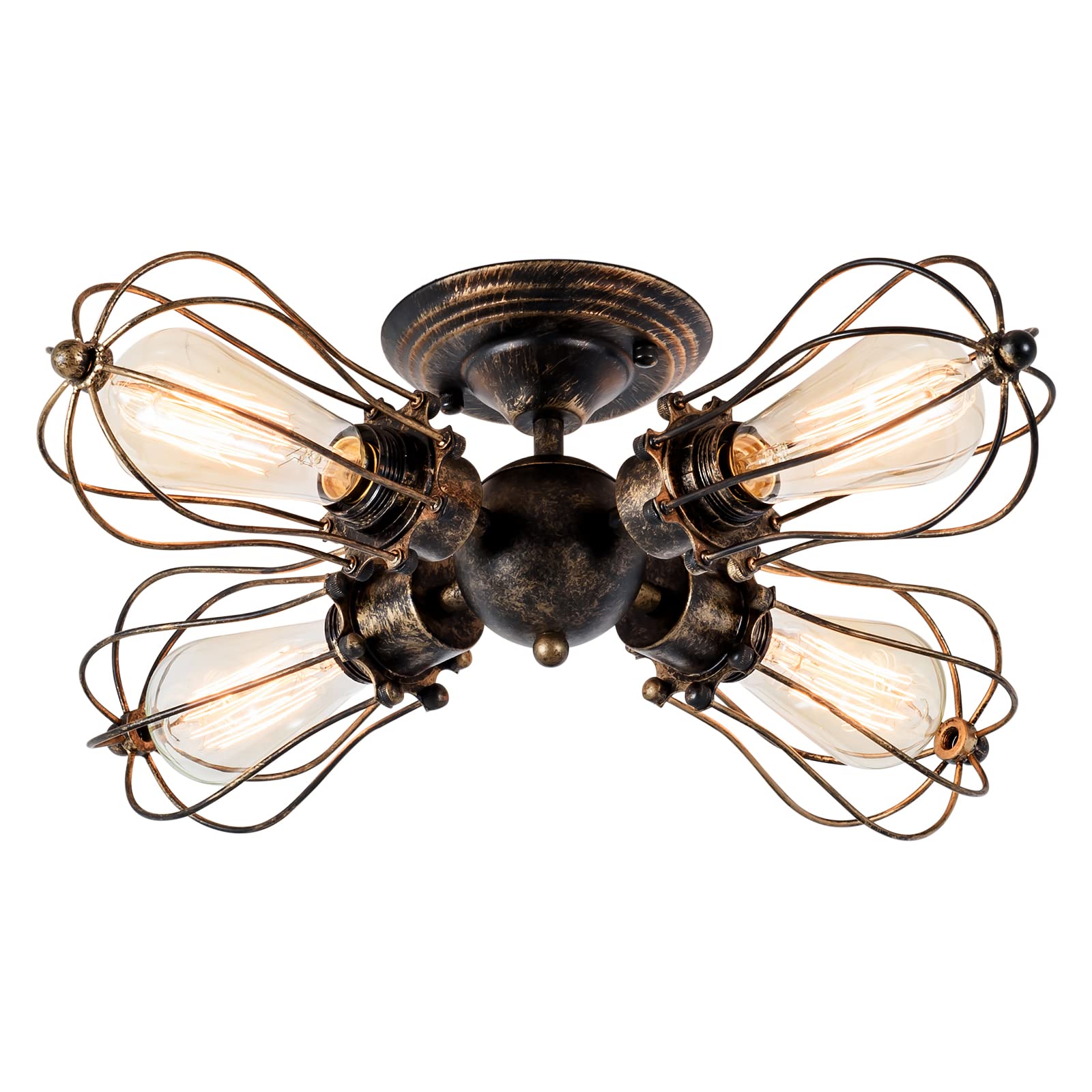Luling Bronze Vintage Ceiling Light Industrial, Chandeliers E27 Socket Metal Wire Cage Lamp Semi-Flush Mount Rustic Ceiling Light Metal Lamp Fixtures (No Bulb) (With 4 Light) (Bronze)