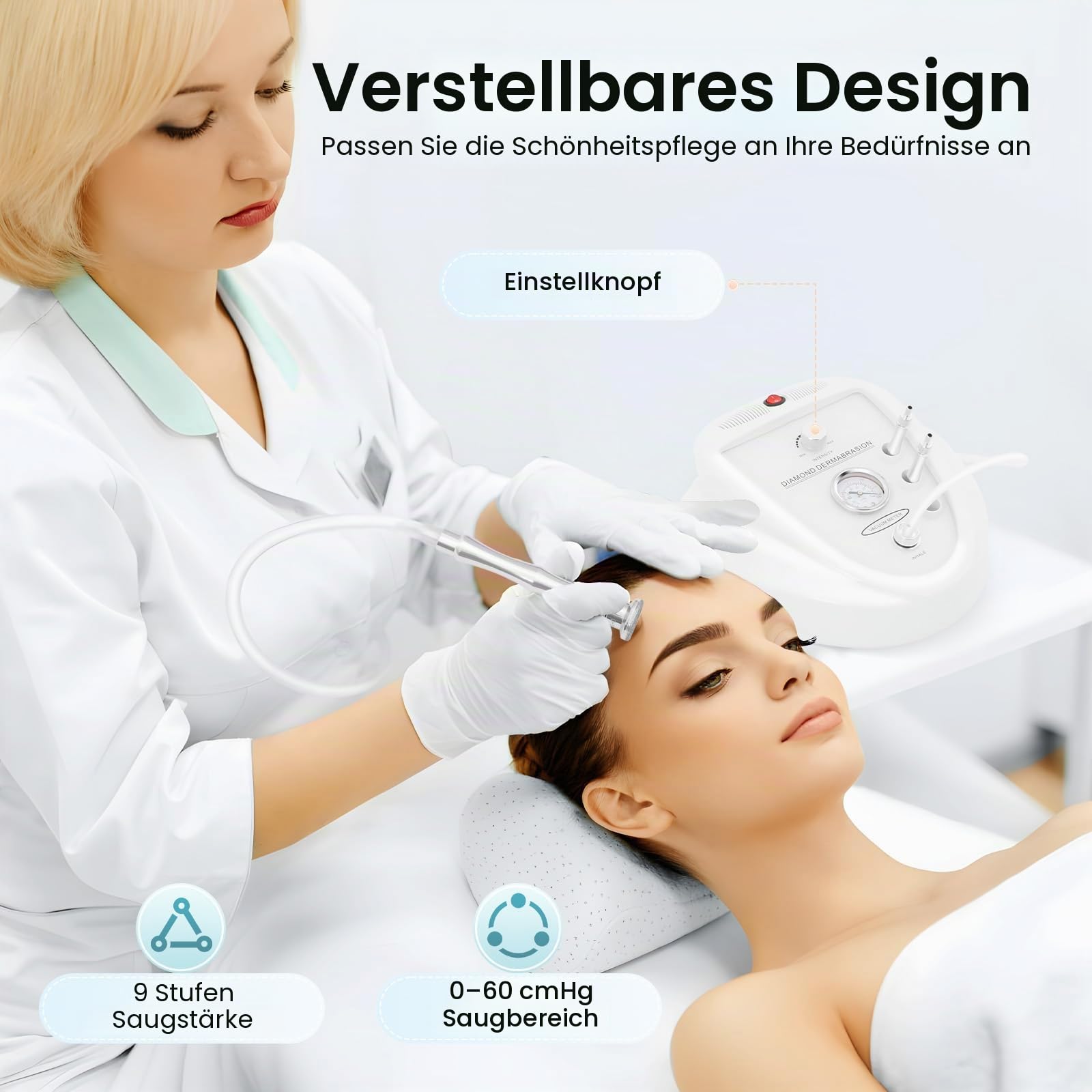 Diamant Microdermabrasion Gerät, Professionelle Mikrodermabrasions Maschine 9-stufig mit 65-68 cmHg Saugkraft, Mitesserentferner für Gesichtspflege & Körper, Inklusive 12 Aufsätzen, Weiß