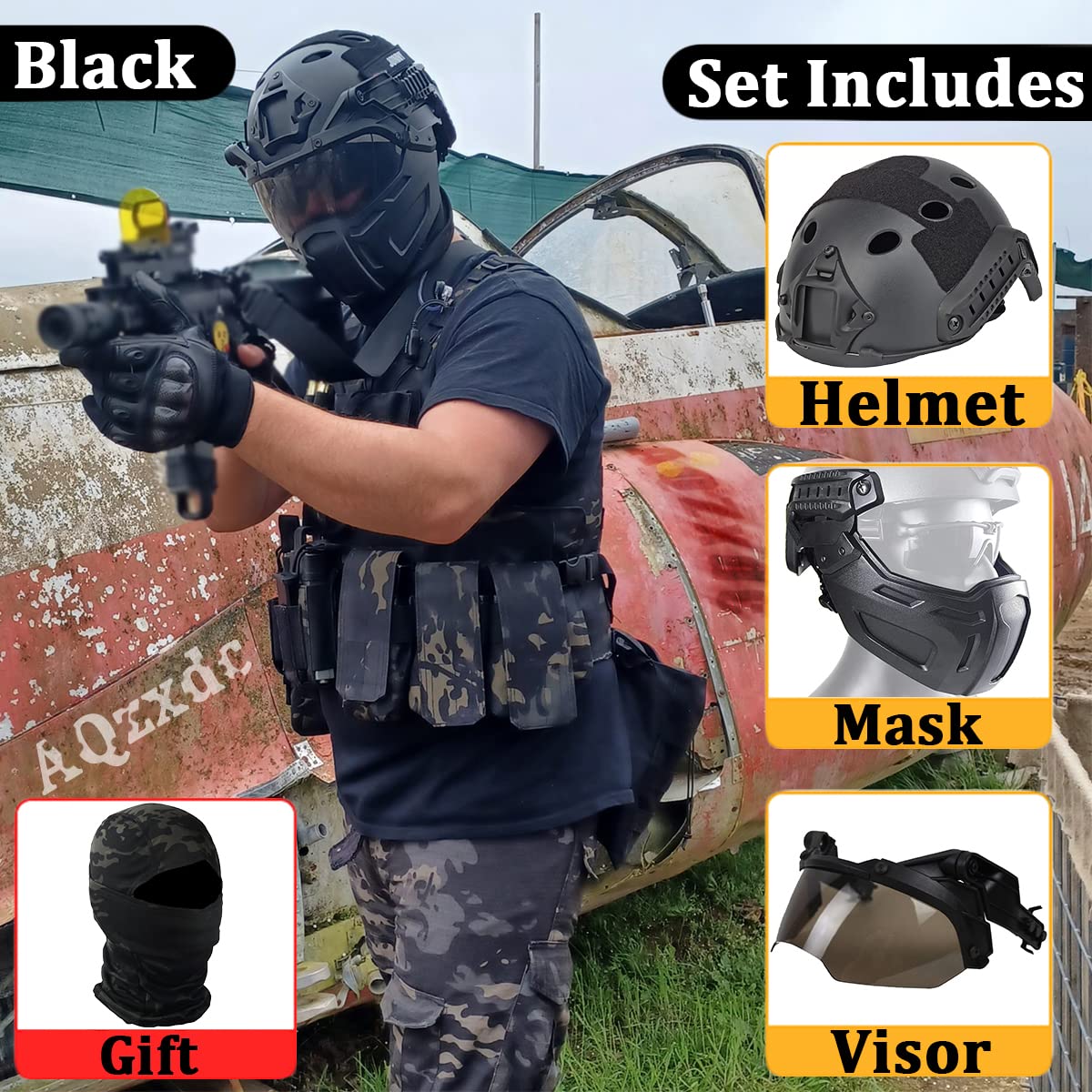 Casco Airsoft con maschera tattica e visiera, set di caschi militari spessi 5 mm, per BB Sport CQB CS Game Cosplay