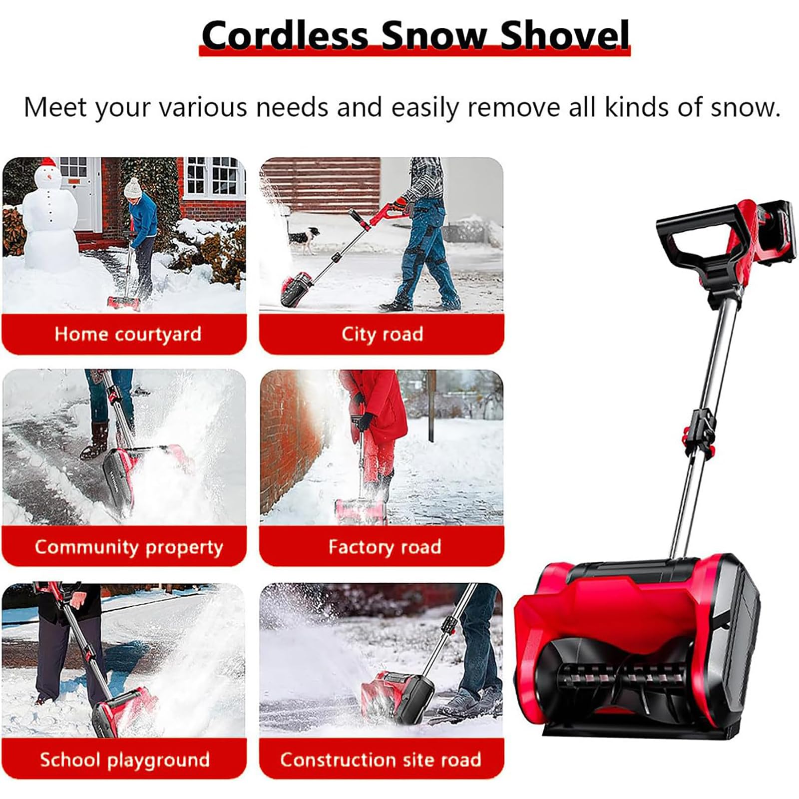 Spazzaneve elettrico senza fili, 1200 W, pala da neve portatile con 2 batterie e caricabatterie, asta telescopica 93-125 cm, distanza di lancio 8 m, per patio e fattoria