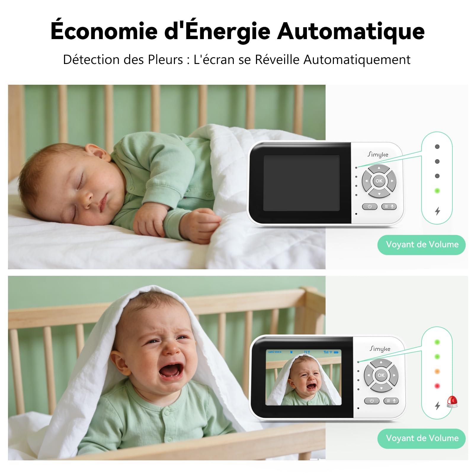 Simyke Babyphone caméra, écran IPS avec Connexion sans Fil directe, Liaison Smartphone WiFi, Vision Nocturne Automatique, Batterie 2500mAh, Mode VOX, Appel bidirectionnel, Partage Familial