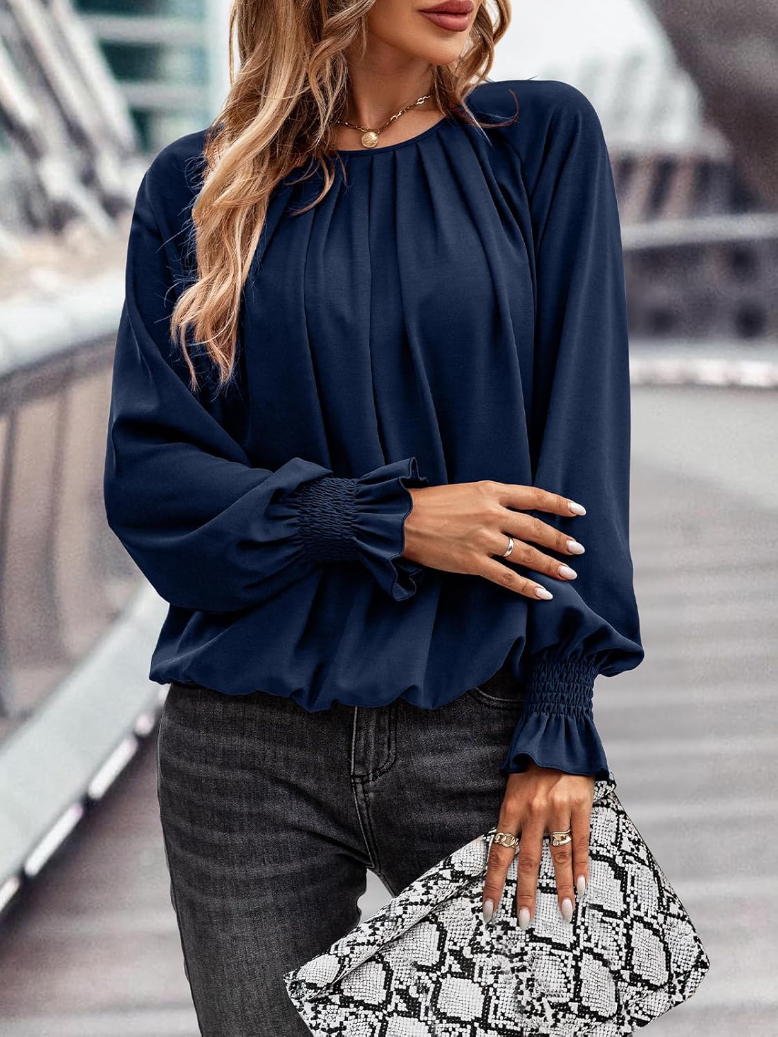 Theenkoln Womens Pleated Tunic Tops: Crew Neck Long Sleeve Solid Color Casual Trendy Work Business Blouses Tops - Image 4