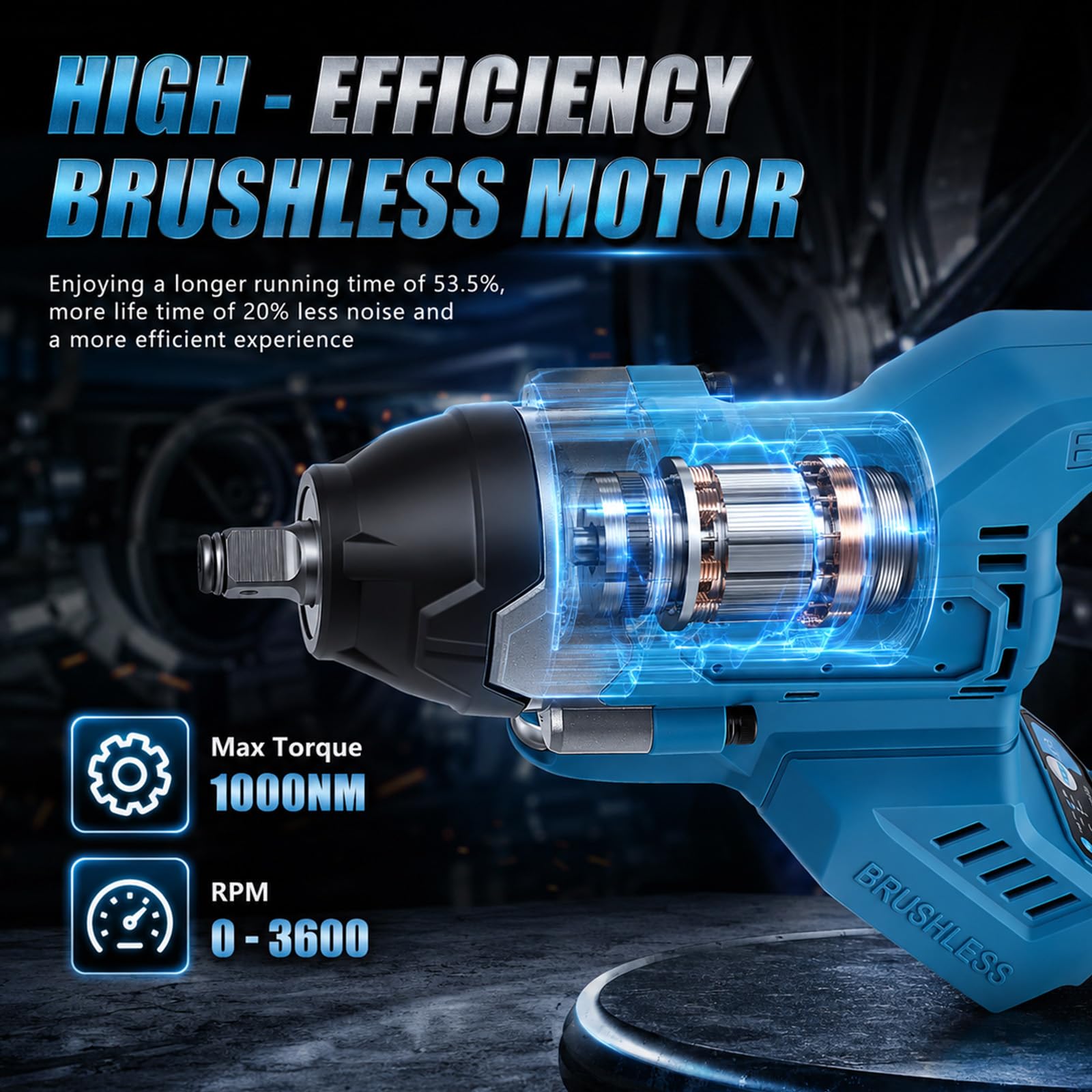 Atornillador de impacto inalámbrico, 1/2 pulgadas, 1000 Nm, par máximo con mango adicional, llave de impacto sin escobillas, llave de impacto para coche, 4 niveles, 3600 rpm, luz LED sin batería, para