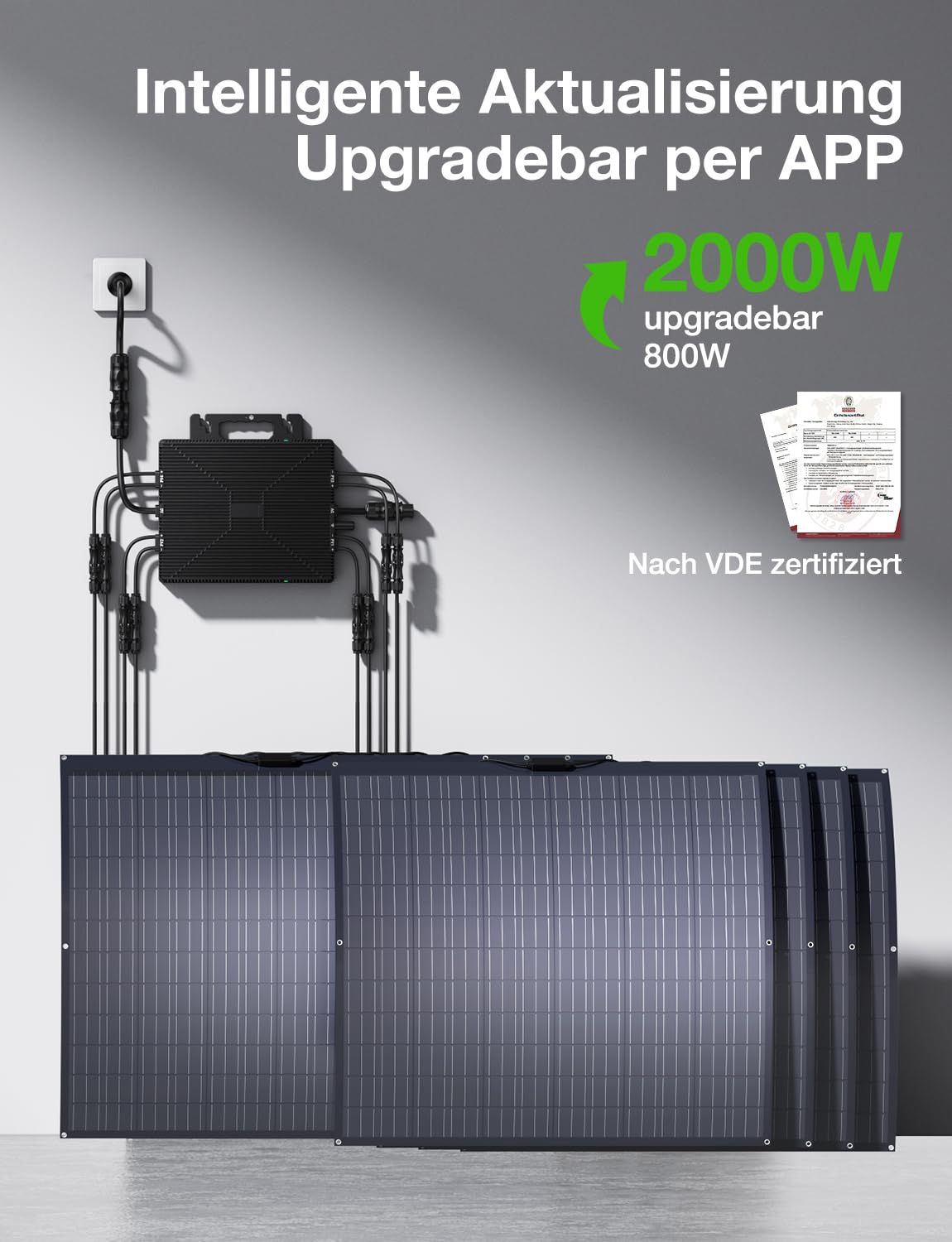 2000W Wechselrichter, Solar Mikrowechselrichter mit WLAN & Bluetooth, App-Fernüberwachung, IP67 Wasserdicht Wechselrichter, mit 5 m AC-Kabel für Balkonkraftwerk