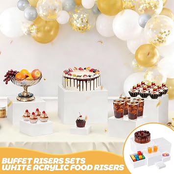 6 Pcs Buffet Risers - White Acrylic Food Risers for Buffet Table, 3x4x5x6x7x8Inch Display Stand Shelf Cube Dessert Stand Food Display Riser Box for Party Catering Collectibles Weddings Cupcake (White)