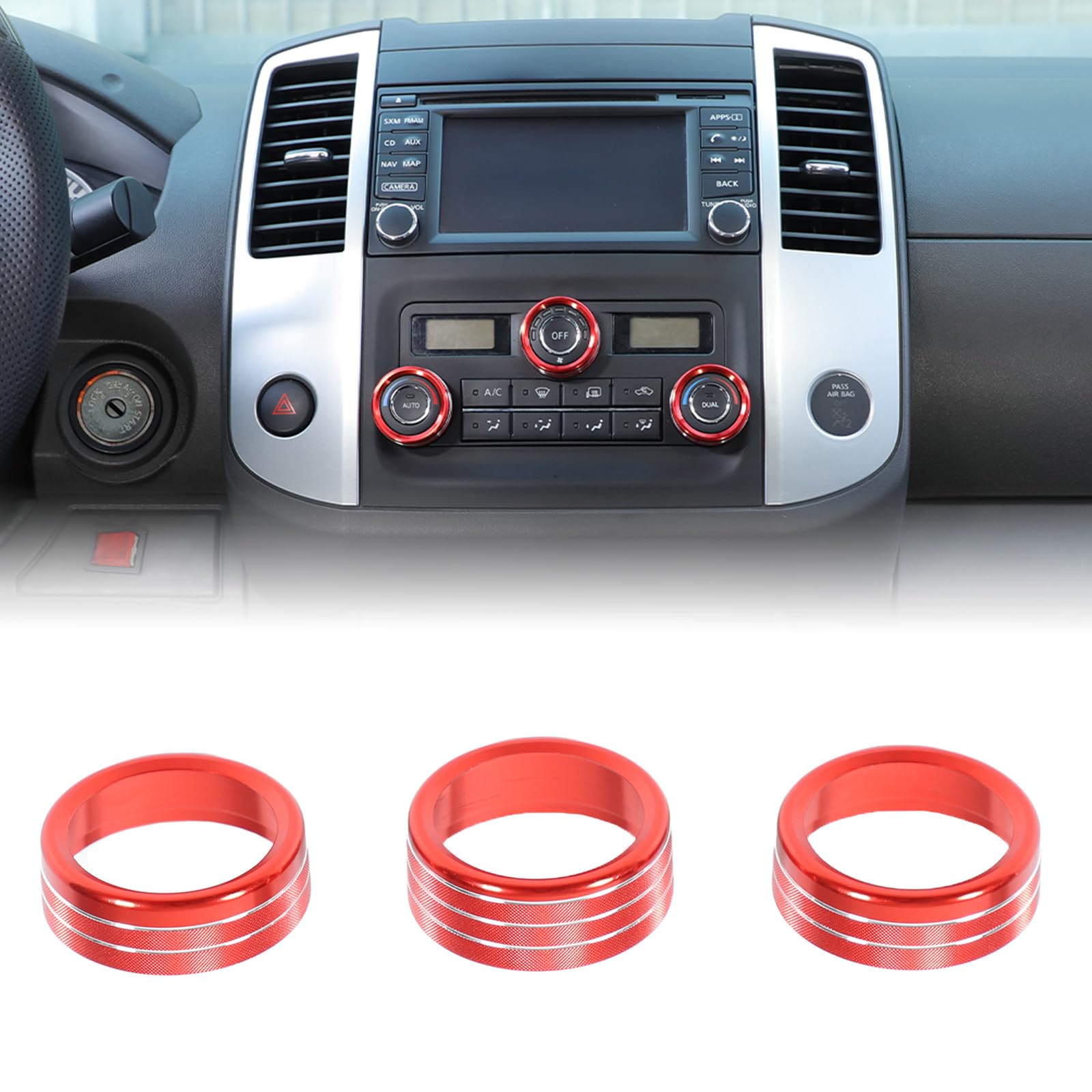 Bekantogy 3PCS Car Air Conditioner Switch Button Knob Cover Compatible with Nissan Frontier 2009-2020 Aluminum Alloy AC Button Trims Center Console