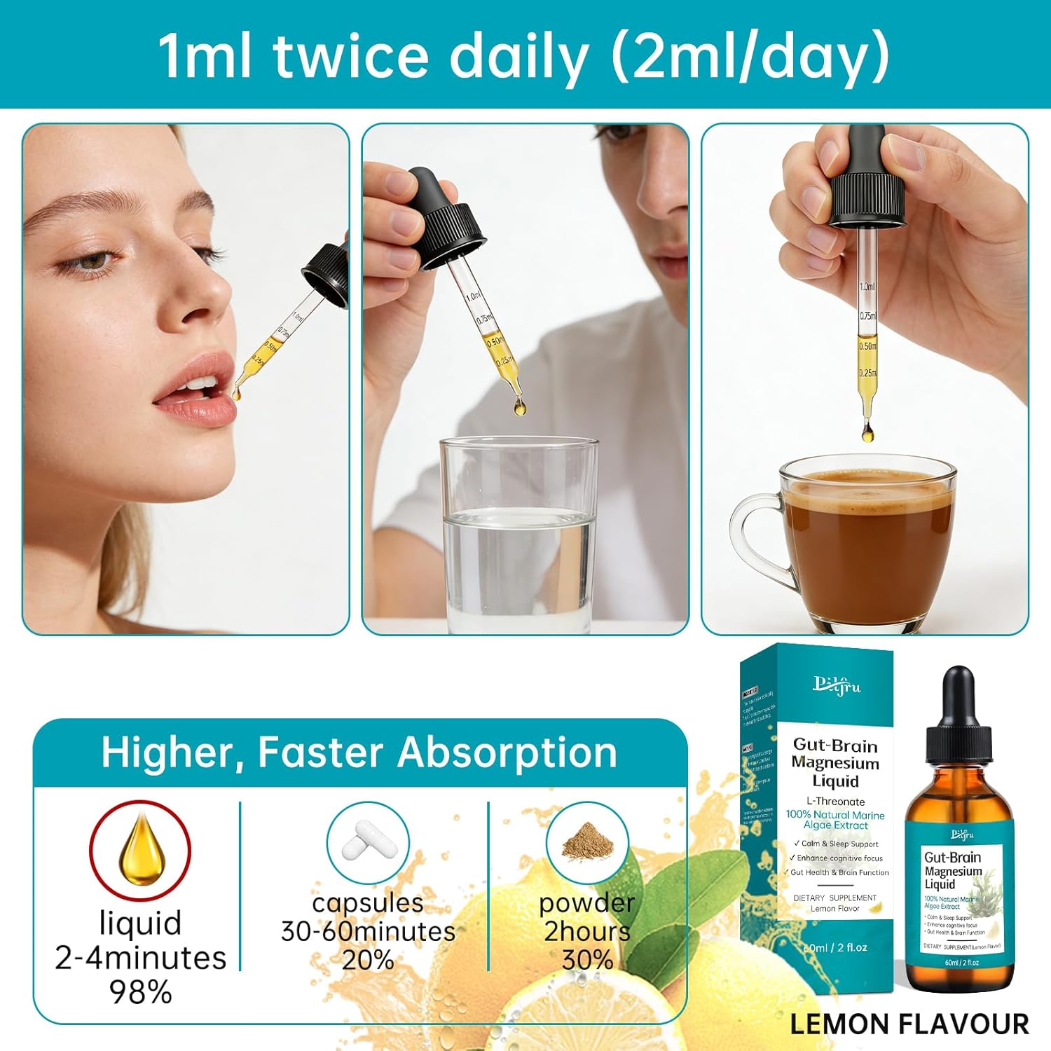 Magnesium L-Threonate Liquid Drops-Magnesium drops Supports Calm Sleep,Cognitive Focus & Gut-Brain Health-Adult-Friendly Magnesium Threonate 1200mg 100% Natural Extract,Vegan Non-GMO 60ml Lemon Flavor - Image 5