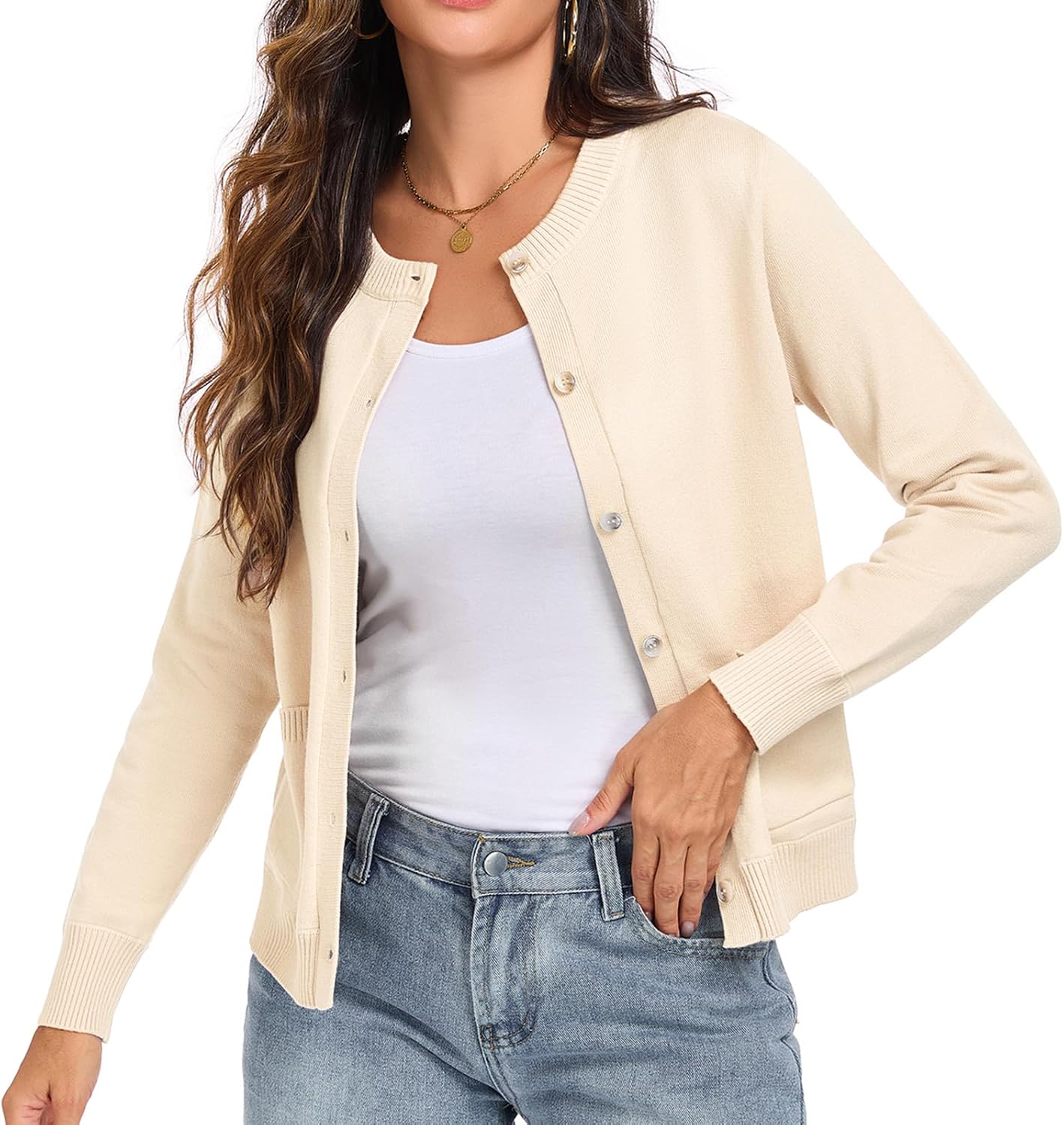 Oymyakon Women Button Down Cardigan Sweaters Long Sleeve Crew Neck Knit Sweater Lightweight Open Front Top Outwear Coat - Image 3