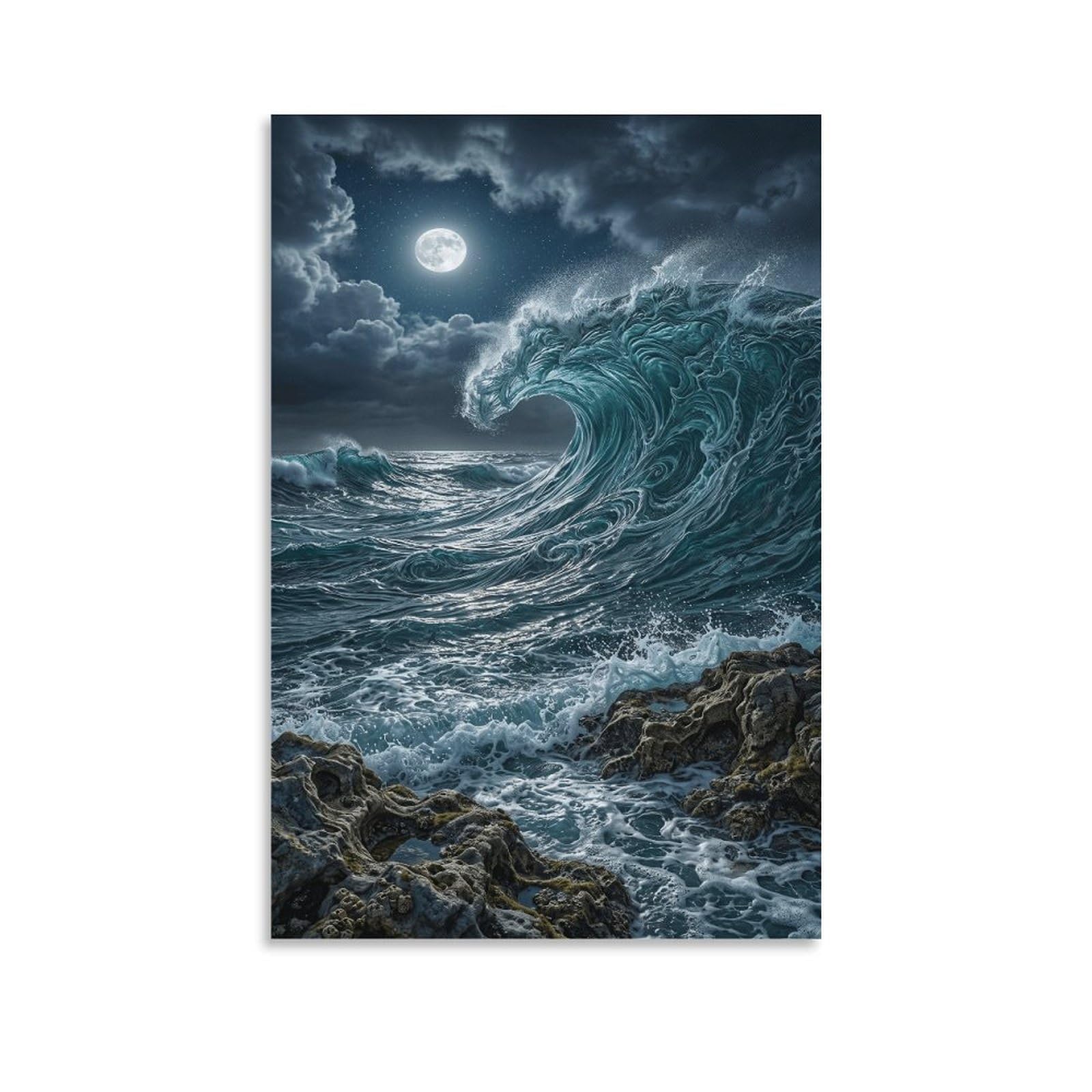 XPASHIQWC Full Moon Waves Poster Artwork Giclee Canvas Prints Modern Canvas Wall Art Picture Wall Hanging for Bedroom Living Room Decor 20x30inch(50x75cm)