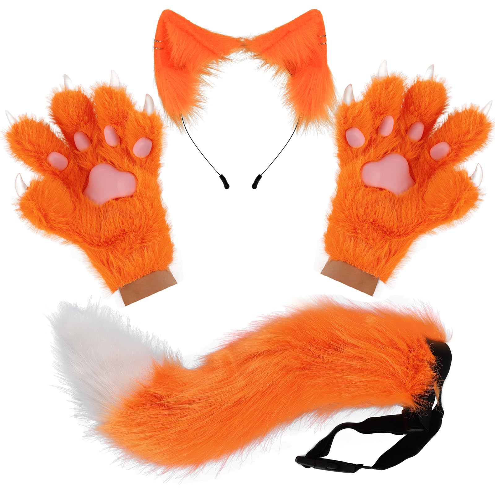 Puszysty ogon ze sztucznego futra, futrzane łapy, rękawiczki, kocie uszy, opaska na głowę, zestaw na Halloween, Boże Narodzenie, przyjęcie, przebranie, kostium, zestawy cosplay