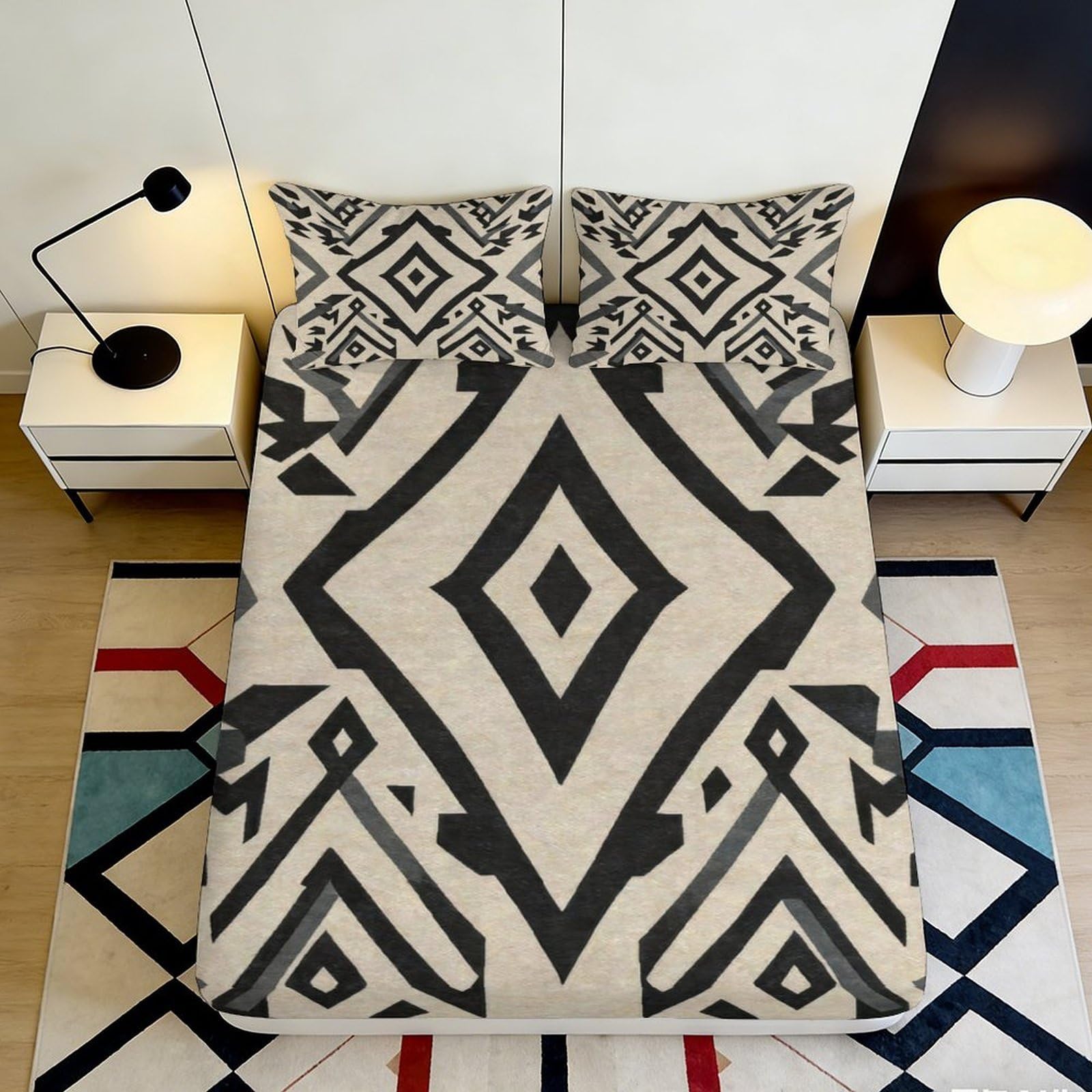 K1r3d9e5 Style-3 3D Printed Geometric Diamond Fitted Sheet Microfiber Soft Black White Tribal Mattress Cover For Bedroom Guest Room Decor 90X200x25cm
