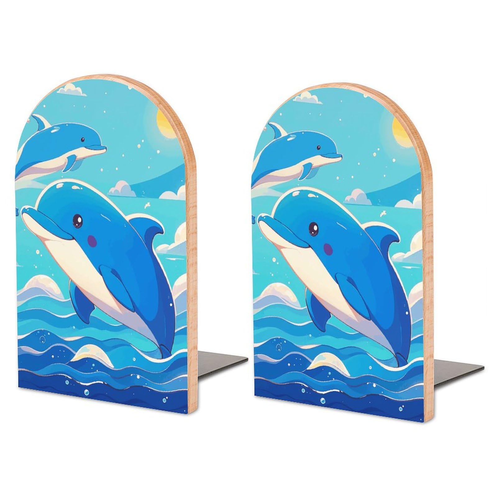 Serre-livres bureau dauphin grand format en bois et métal pour rangement efficace