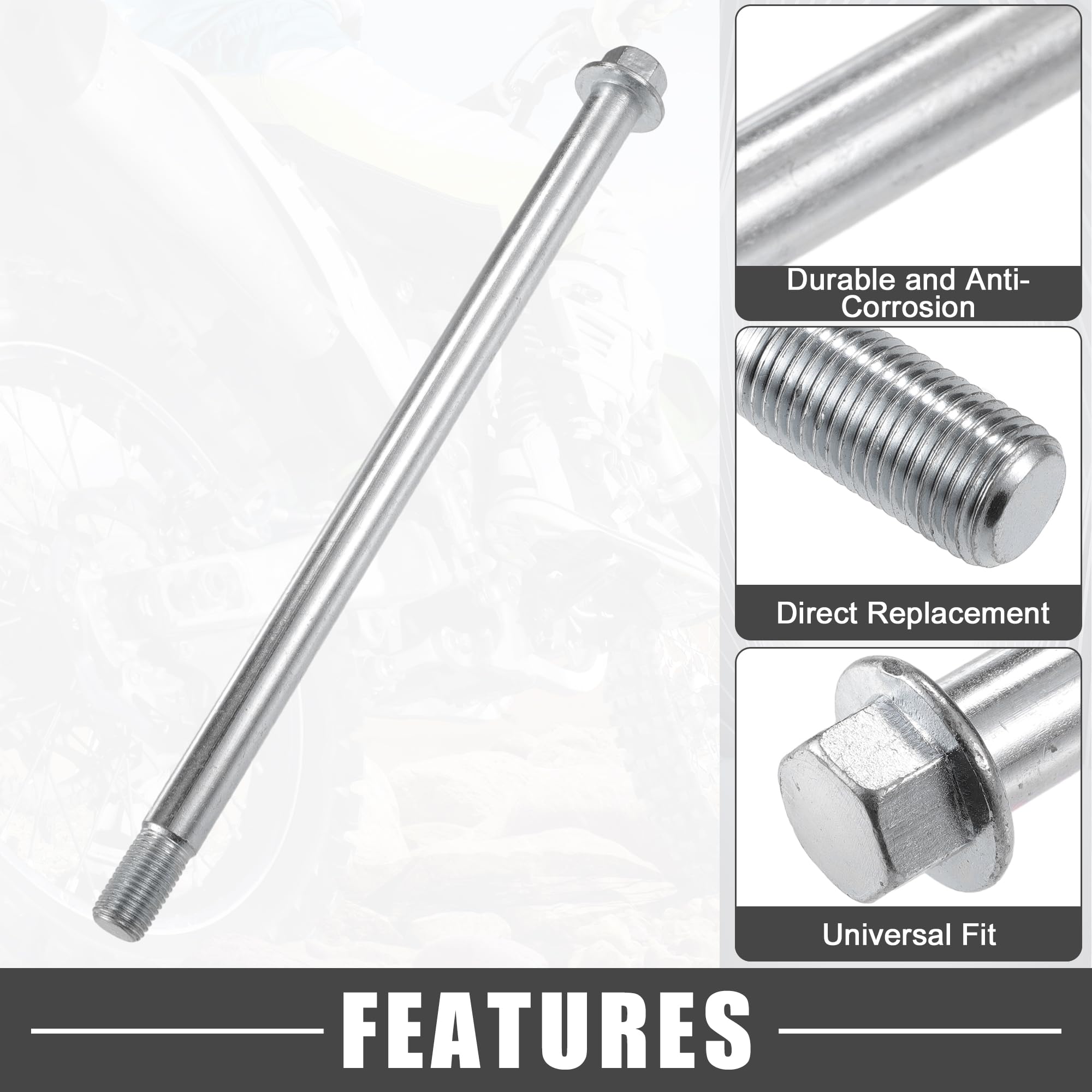 A ABSOPRO Asse anteriore posteriore con boccola e bullone a vite M14 258mm per moto da cross, scooter, ATV, asse ruota in lega d'acciaio tonalità argento