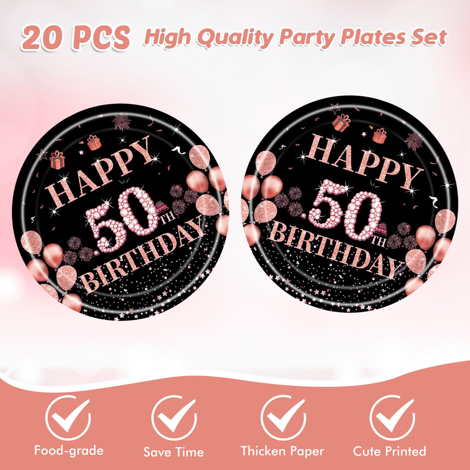 Kit Festa 50 Anos Rosa E Ouro - 20 Pratos + 20 Guardanapos | Decoração Aniversário Feminino