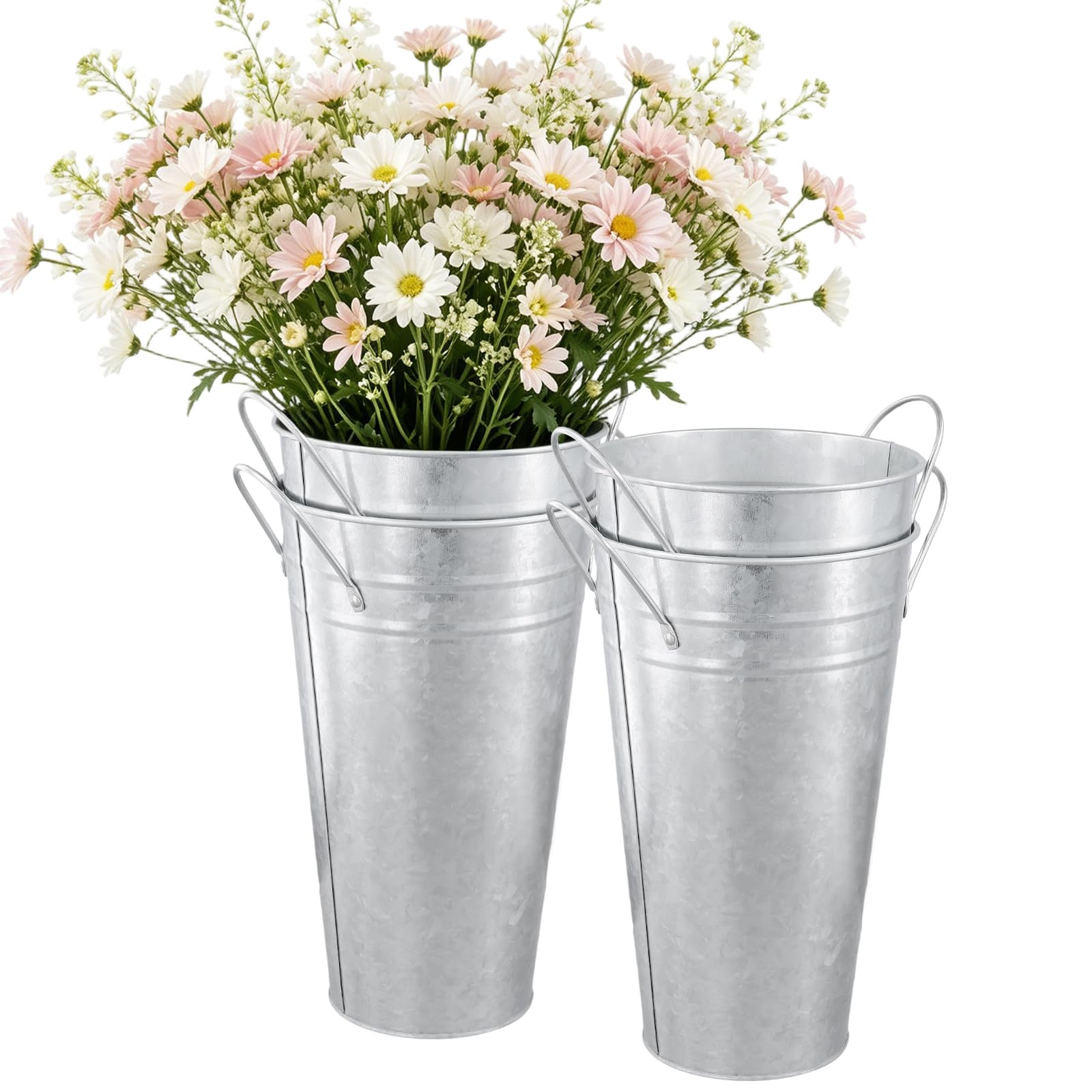 Manchap Silver 4 Pcs 25Cm Galvanized Metal Vases With Handles, 9.8 Inch Galvanized Flower Bucket For Home, Wedding Decor,